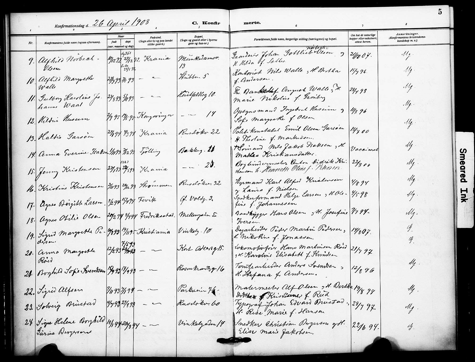 Johannes prestekontor Kirkebøker, AV/SAO-A-10852/F/Fa/L0011: Parish register (official) no. 11, 1908-1921, p. 5