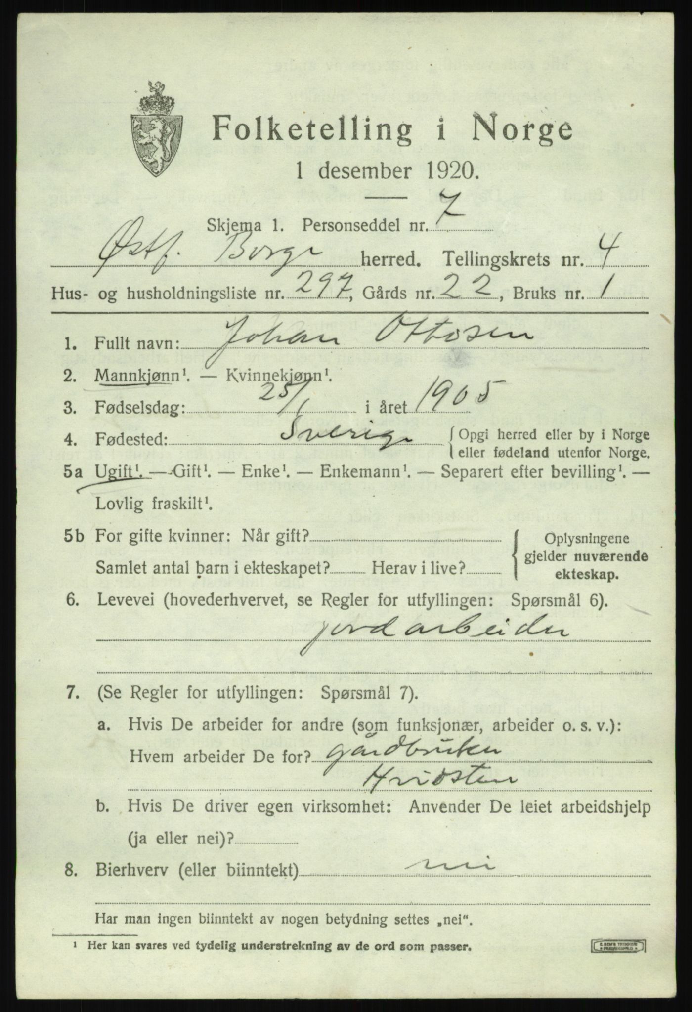 SAO, 1920 census for Borge, 1920, p. 11905