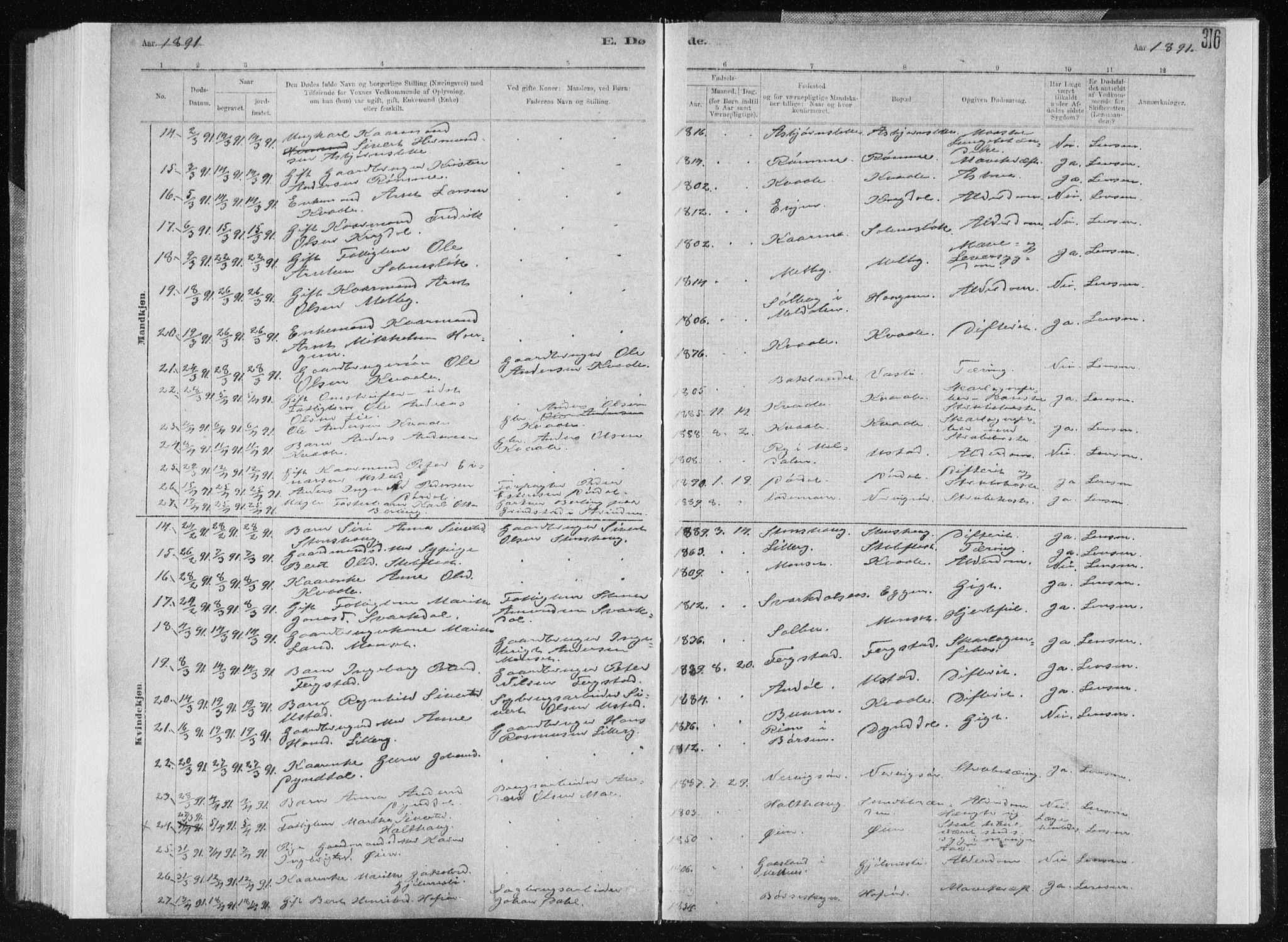 Ministerialprotokoller, klokkerbøker og fødselsregistre - Sør-Trøndelag, SAT/A-1456/668/L0818: Parish register (copy) no. 668C07, 1885-1898, p. 316