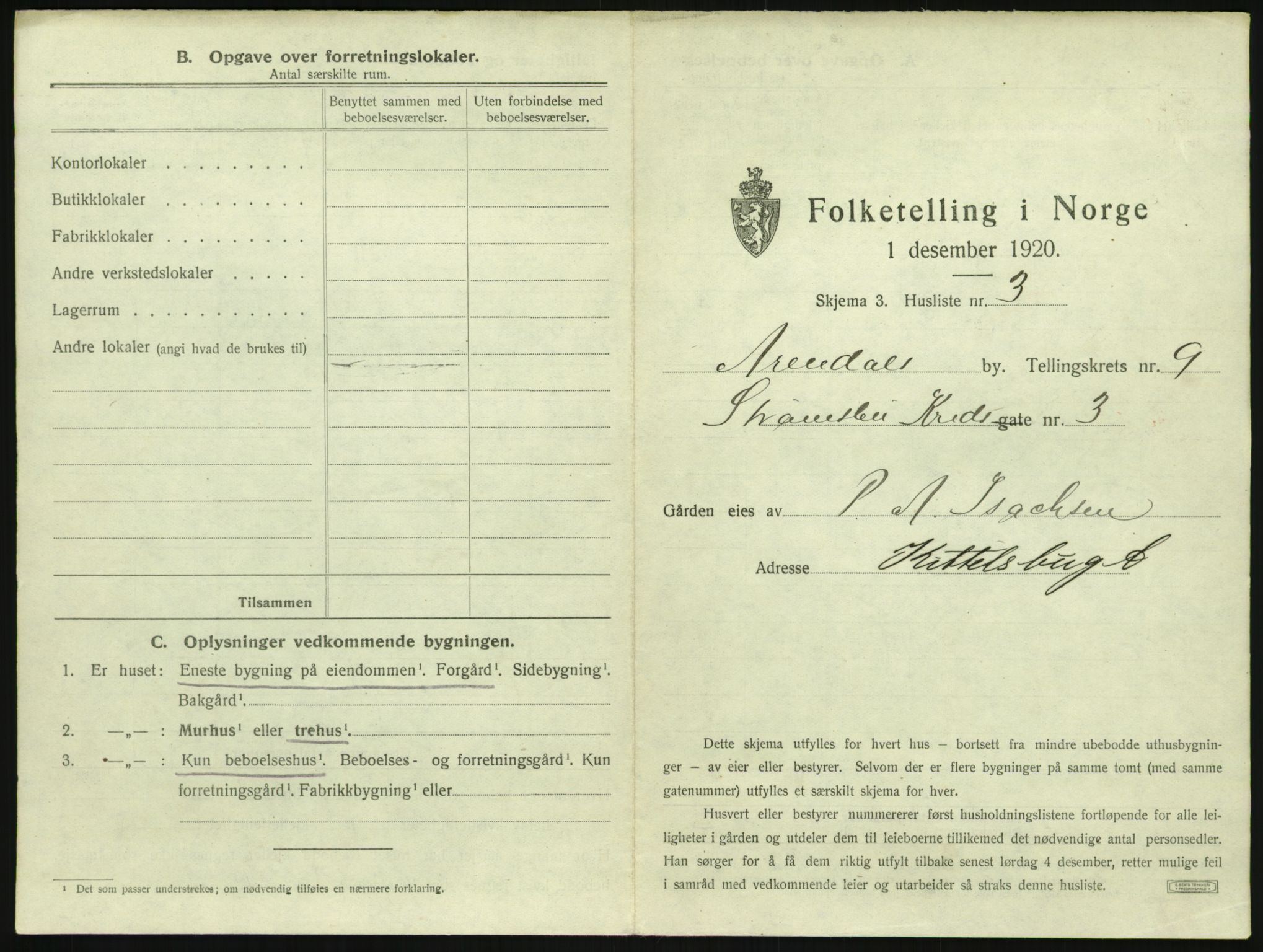 SAK, 1920 census for Arendal, 1920, p. 1108