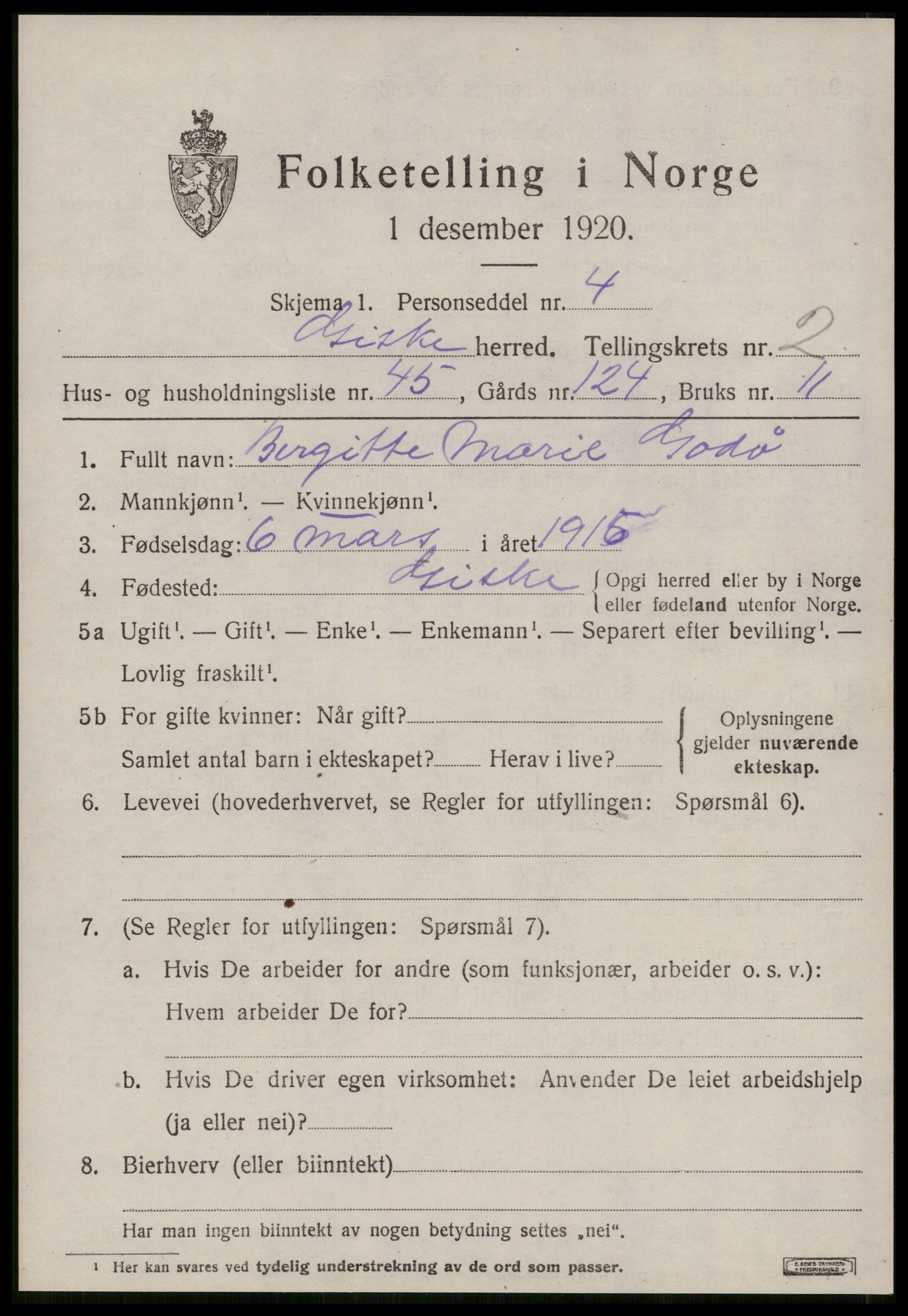 SAT, 1920 census for Giske, 1920, p. 1606