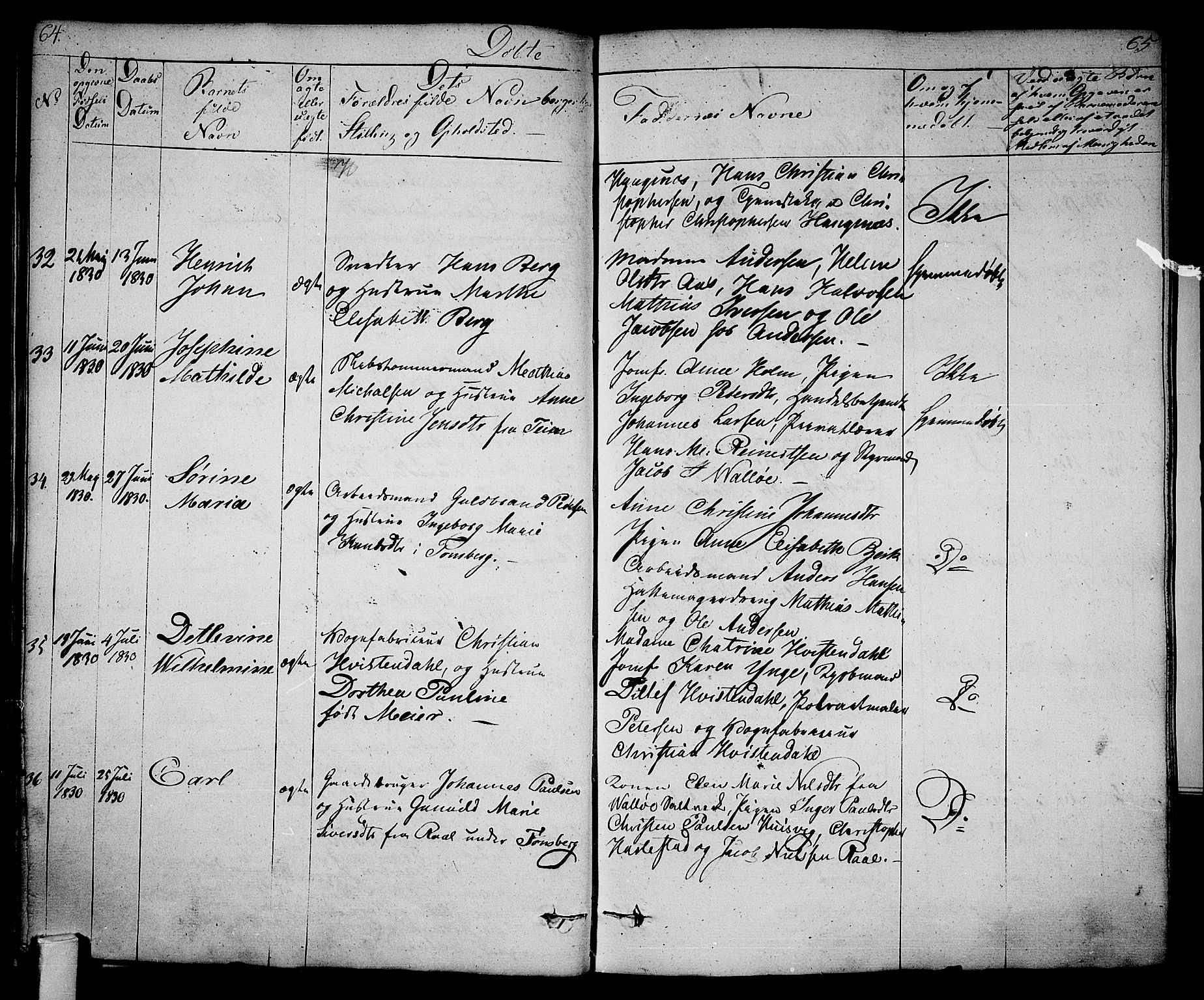 Tønsberg kirkebøker, AV/SAKO-A-330/F/Fa/L0005: Parish register (official) no. I 5, 1827-1836, p. 64-65