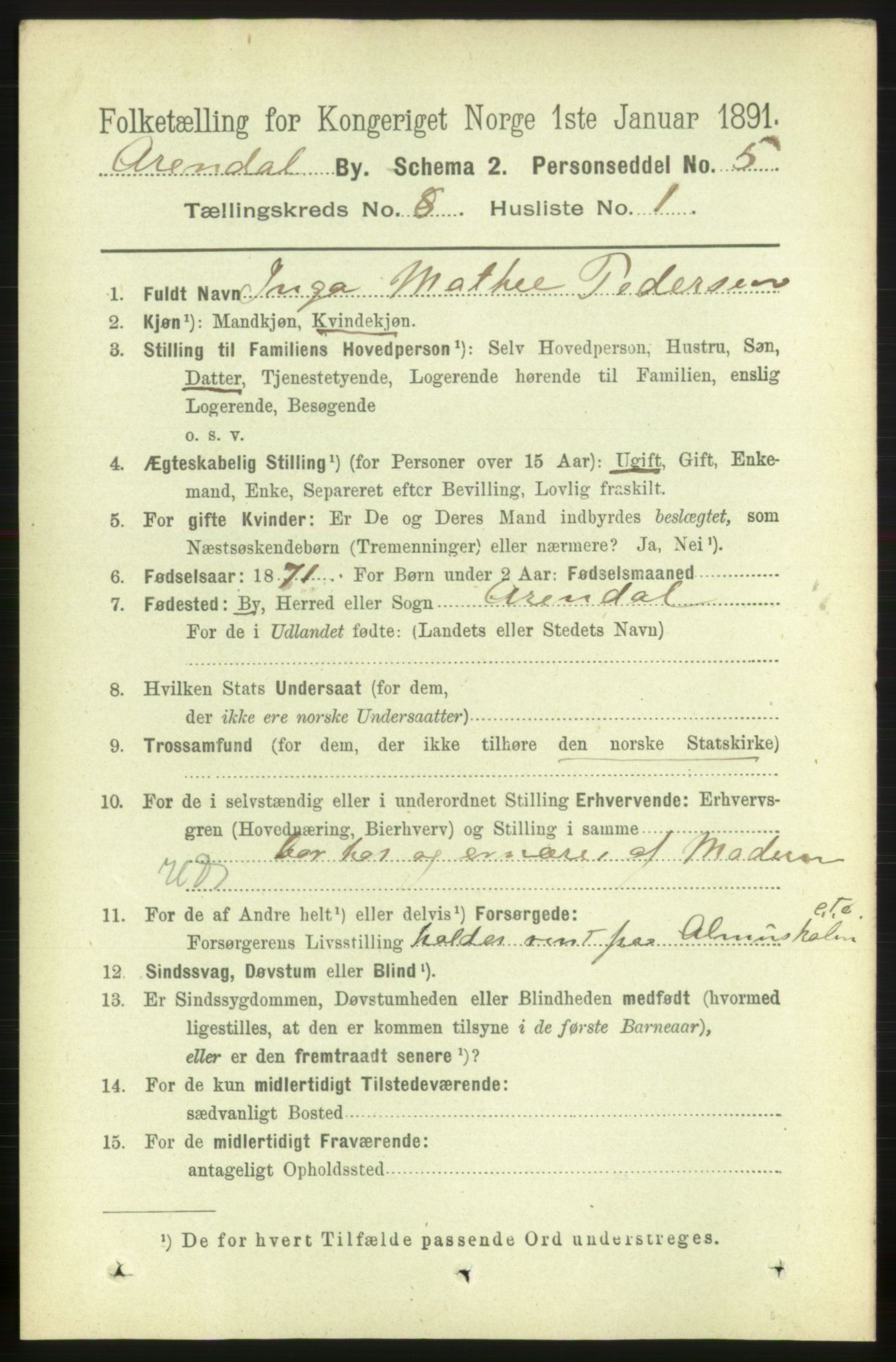 RA, 1891 census for 0903 Arendal, 1891, p. 2850