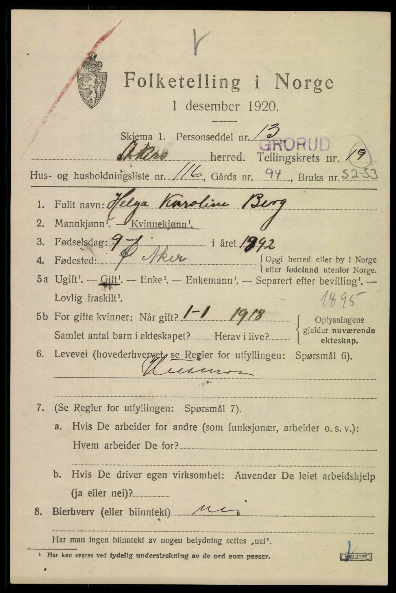 SAO, 1920 census for Aker, 1920, p. 119566