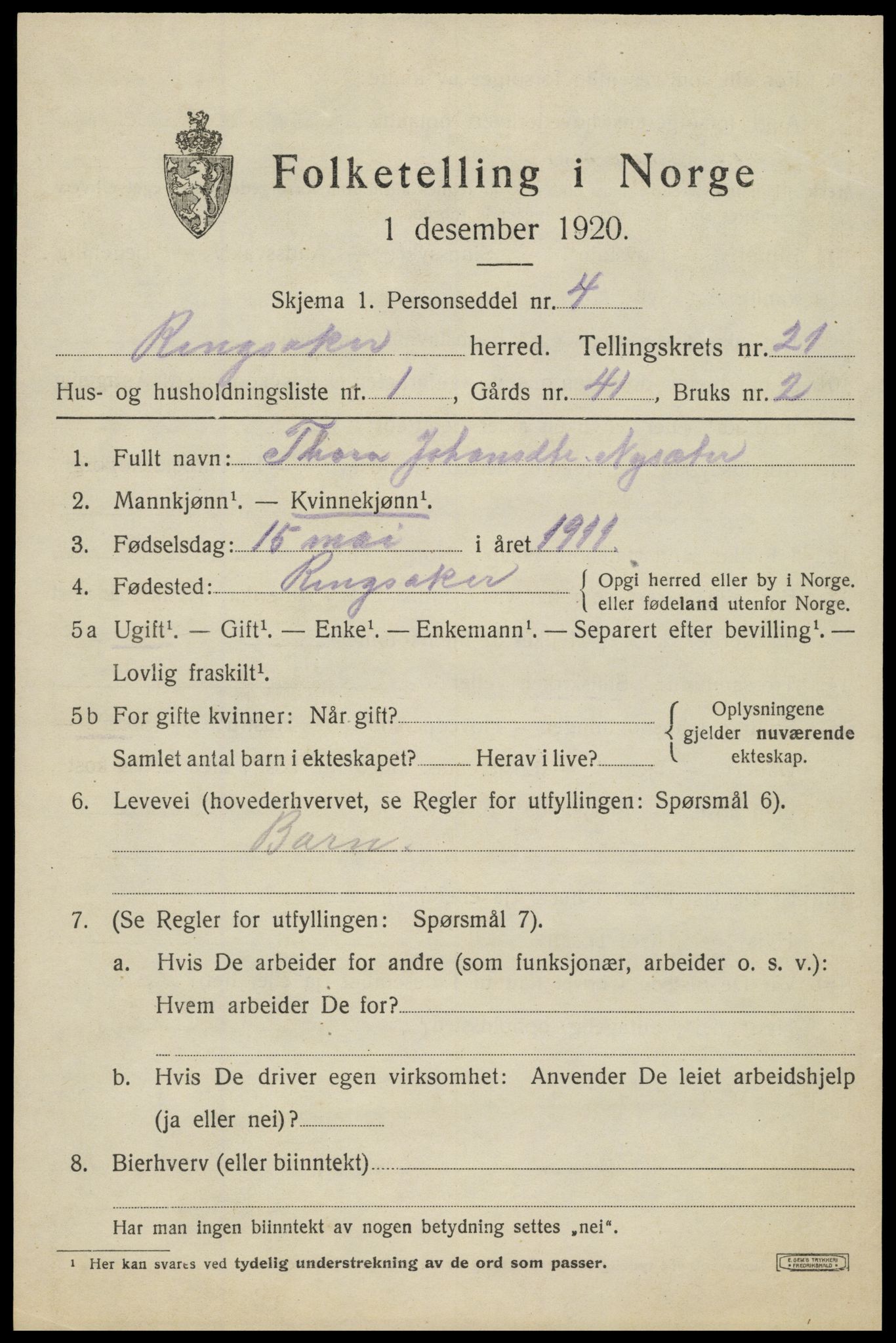 SAH, 1920 census for Ringsaker, 1920, p. 28604