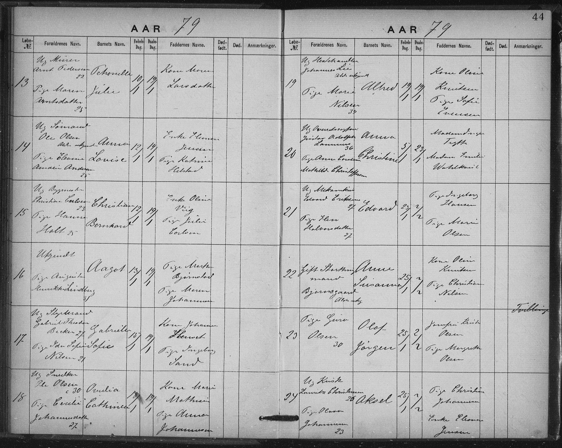 Rikshospitalet prestekontor Kirkebøker, AV/SAO-A-10309b/K/L0003/0001: Baptism register no. 3.1, 1877-1884, p. 44