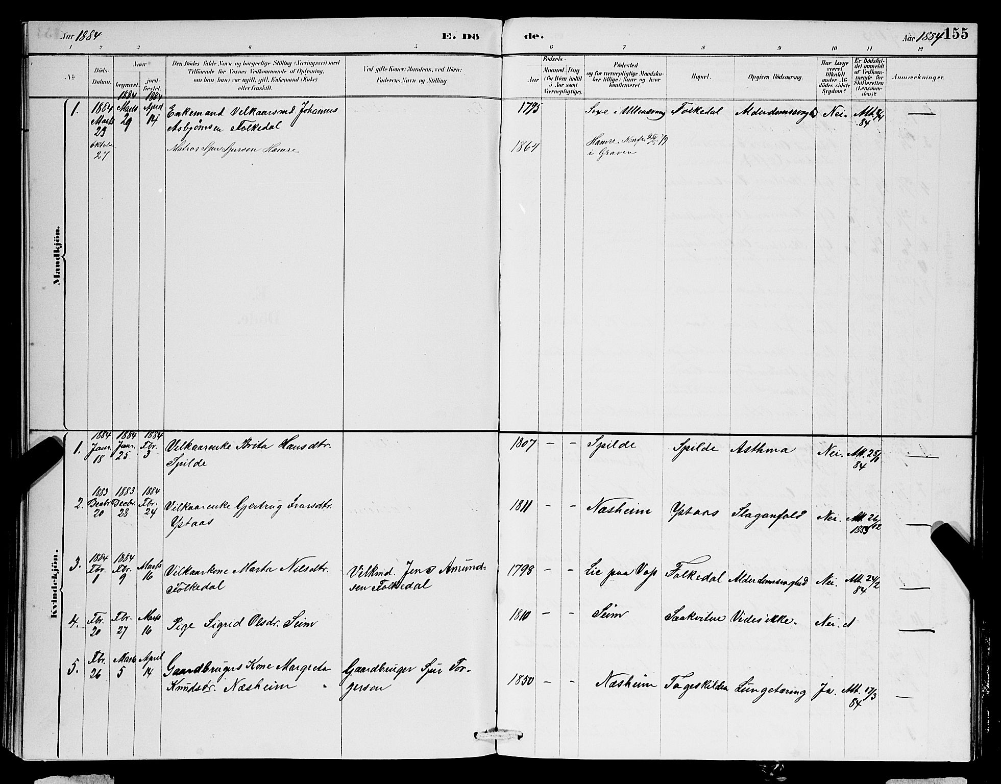 Ulvik sokneprestembete, SAB/A-78801/H/Hab: Parish register (copy) no. B 3, 1884-1901, p. 155