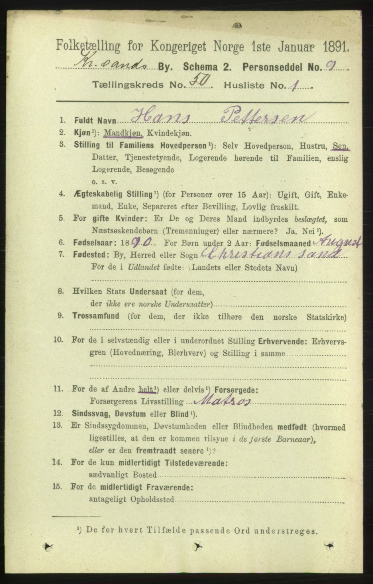 RA, 1891 census for 1001 Kristiansand, 1891, p. 14894