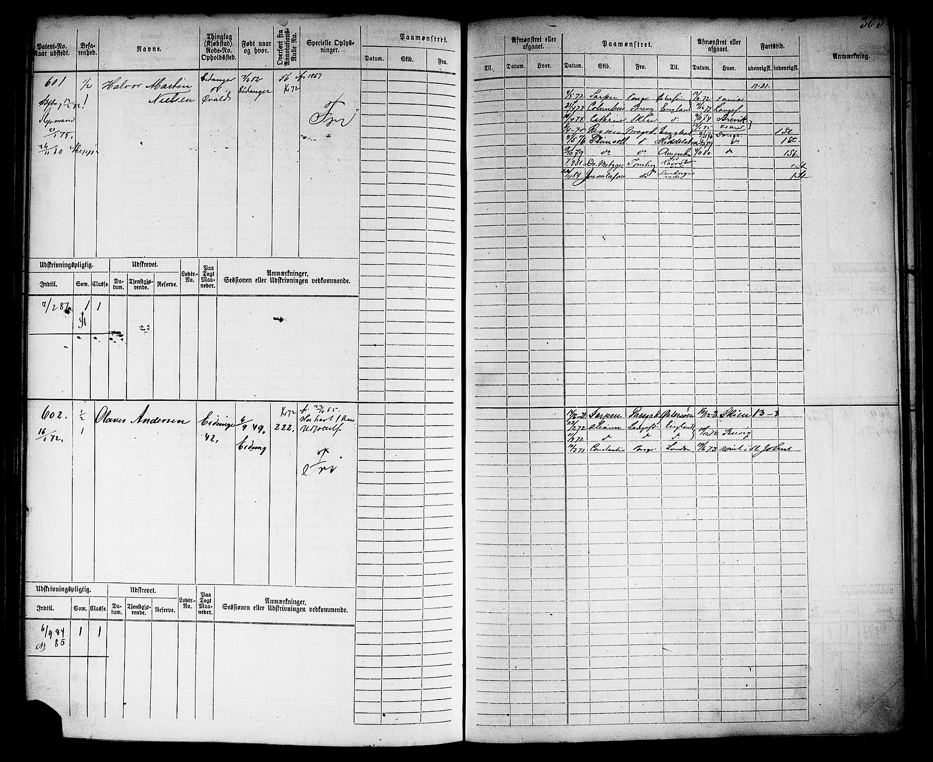 Brevik innrulleringskontor, AV/SAKO-A-833/F/Fb/L0001: Hovedrulle, 1869-1875, p. 305