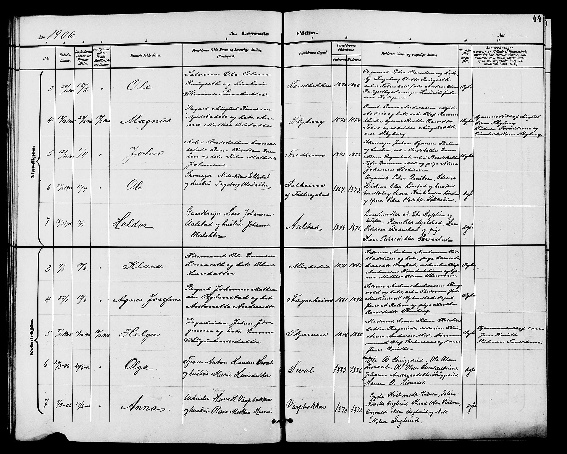 Vardal prestekontor, SAH/PREST-100/H/Ha/Hab/L0011: Parish register (copy) no. 11, 1899-1913, p. 44