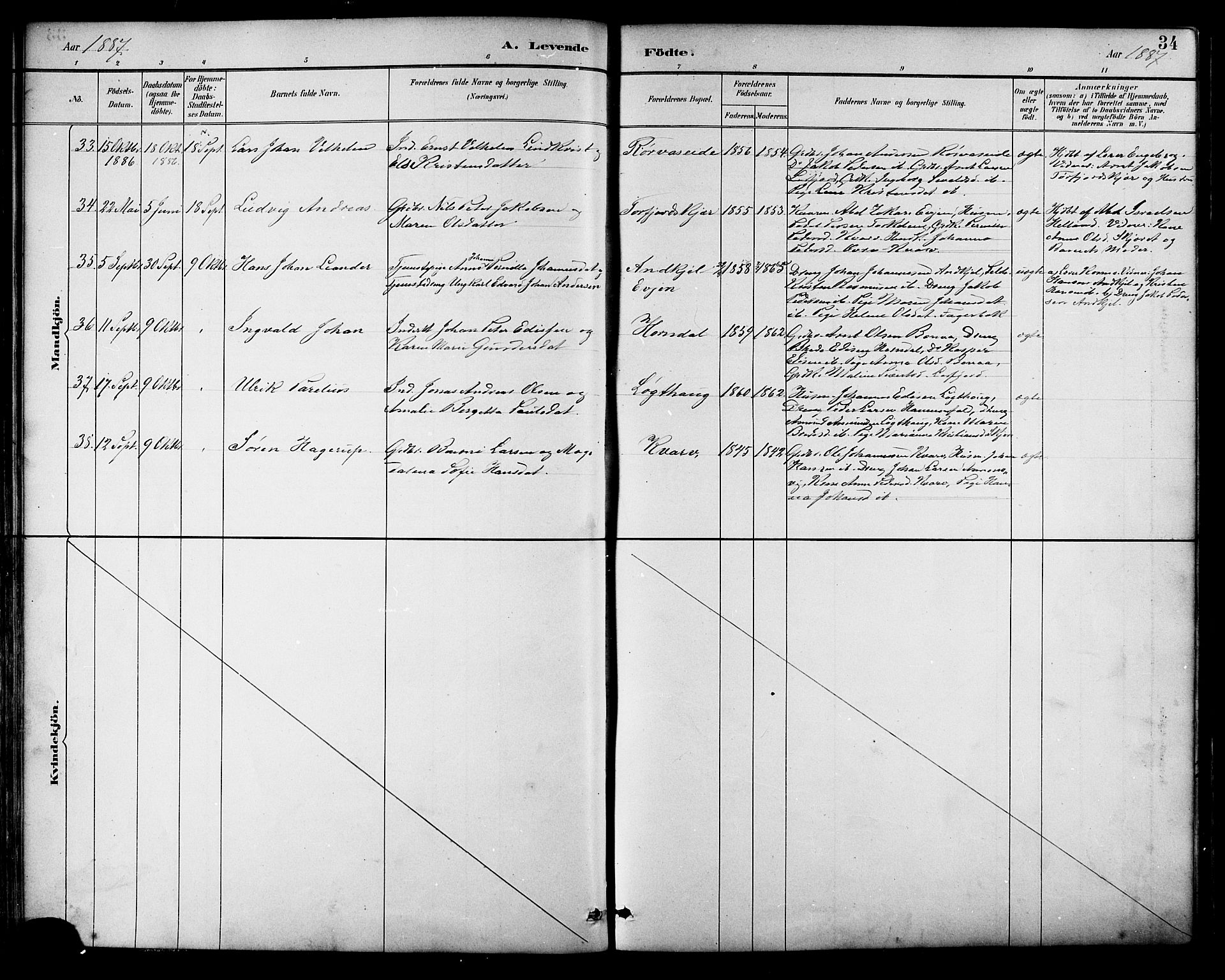 Ministerialprotokoller, klokkerbøker og fødselsregistre - Nordland, AV/SAT-A-1459/854/L0777: Parish register (official) no. 854A01 /1, 1883-1891, p. 34