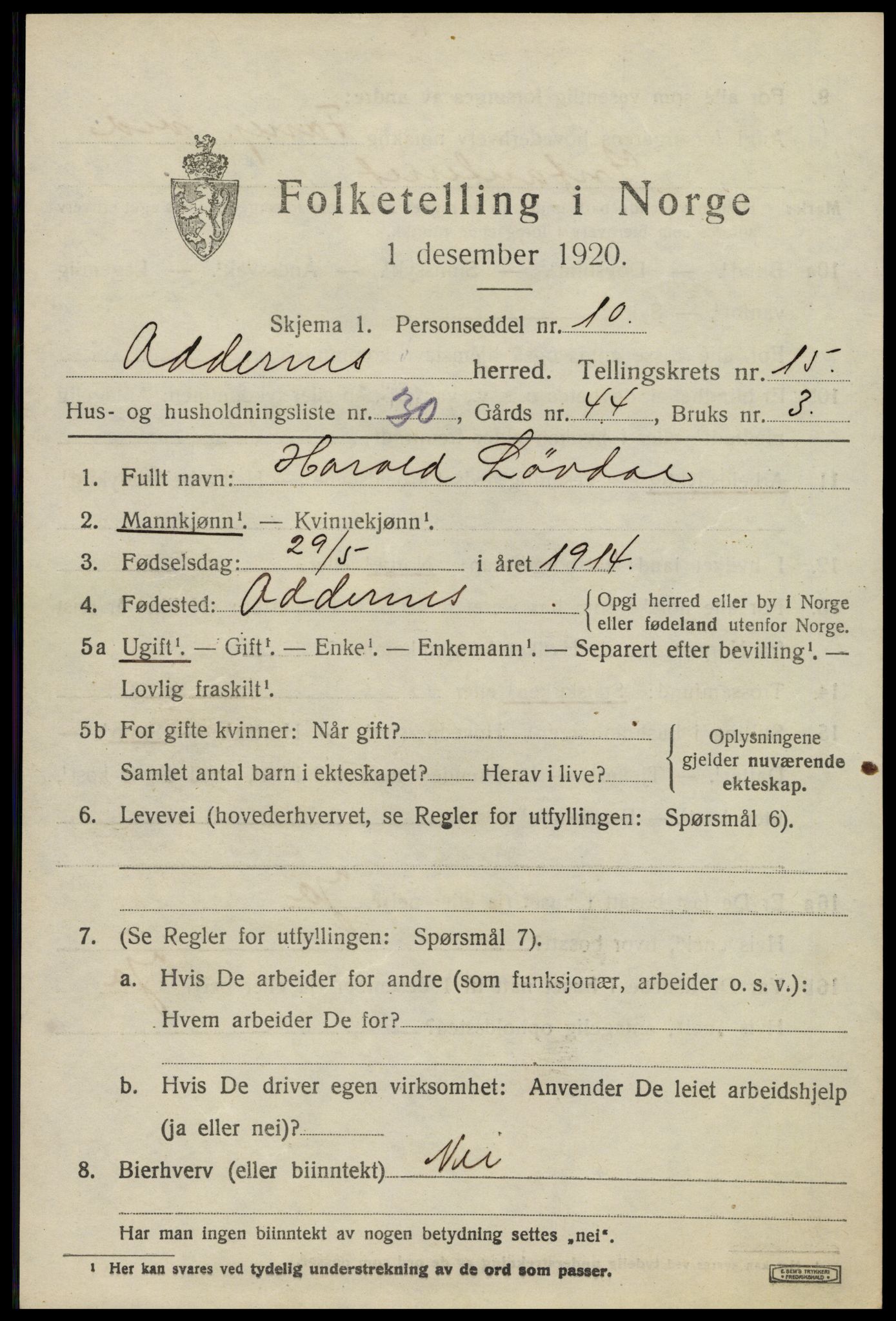 SAK, 1920 census for Oddernes, 1920, p. 10327