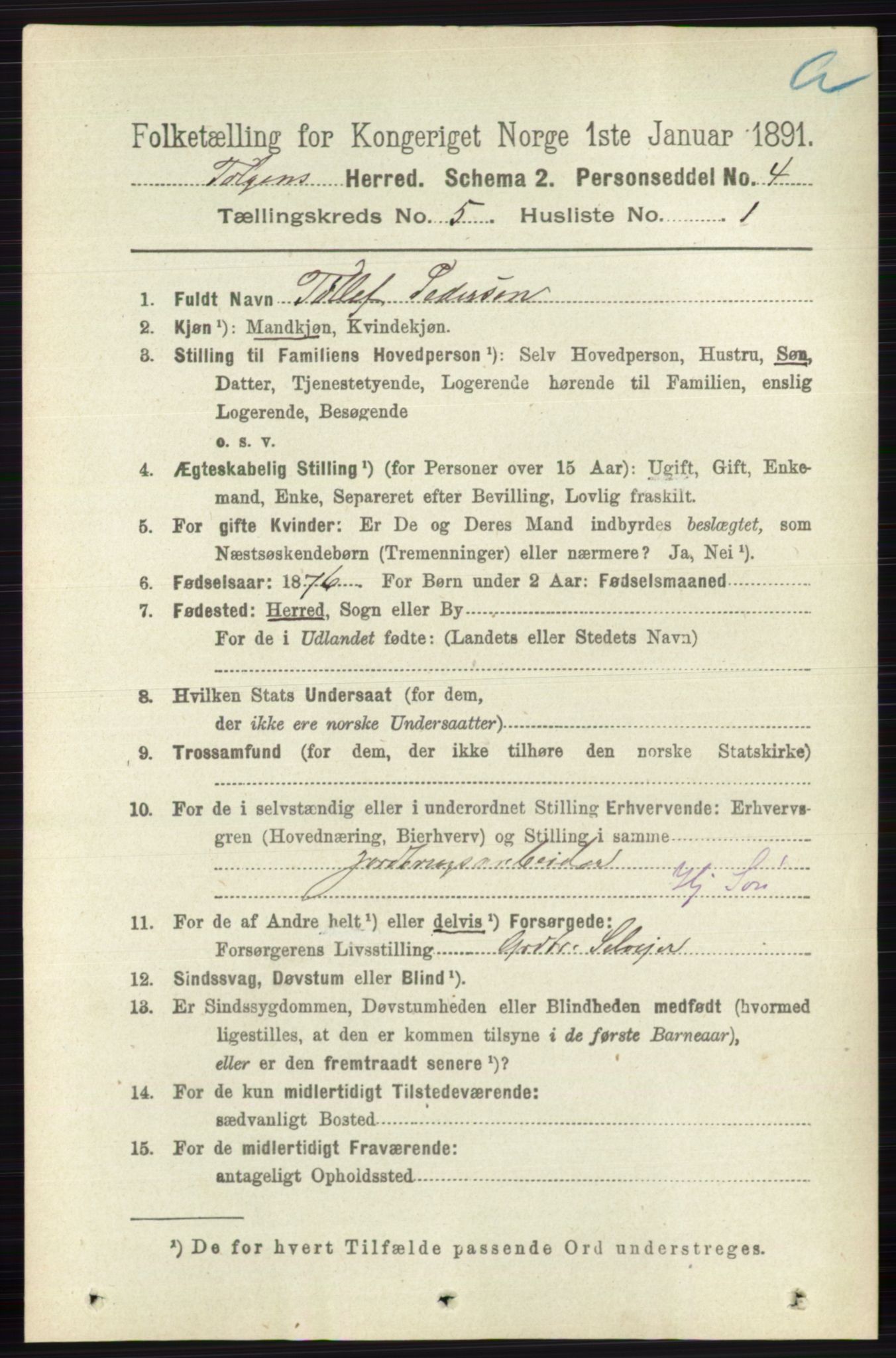 RA, 1891 census for 0436 Tolga, 1891, p. 1296