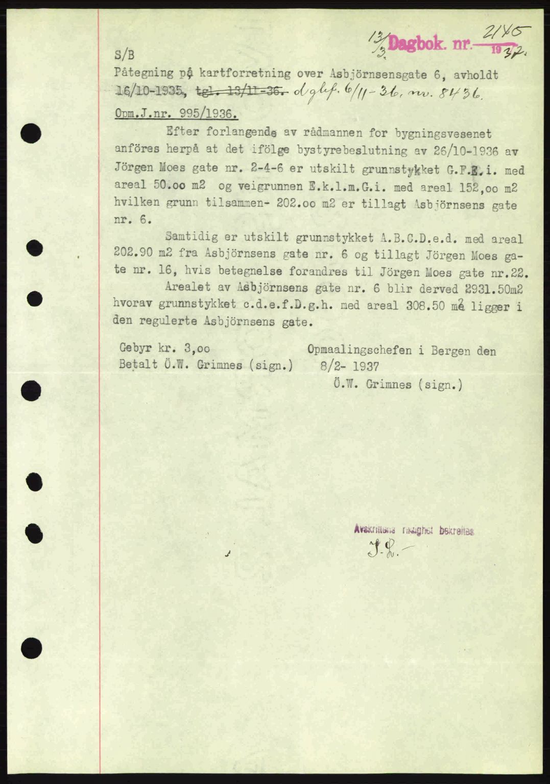 Byfogd og Byskriver i Bergen, AV/SAB-A-3401/03/03Bc/L0004: Mortgage book no. A3-4, 1936-1937, Diary no: : 2145/1937