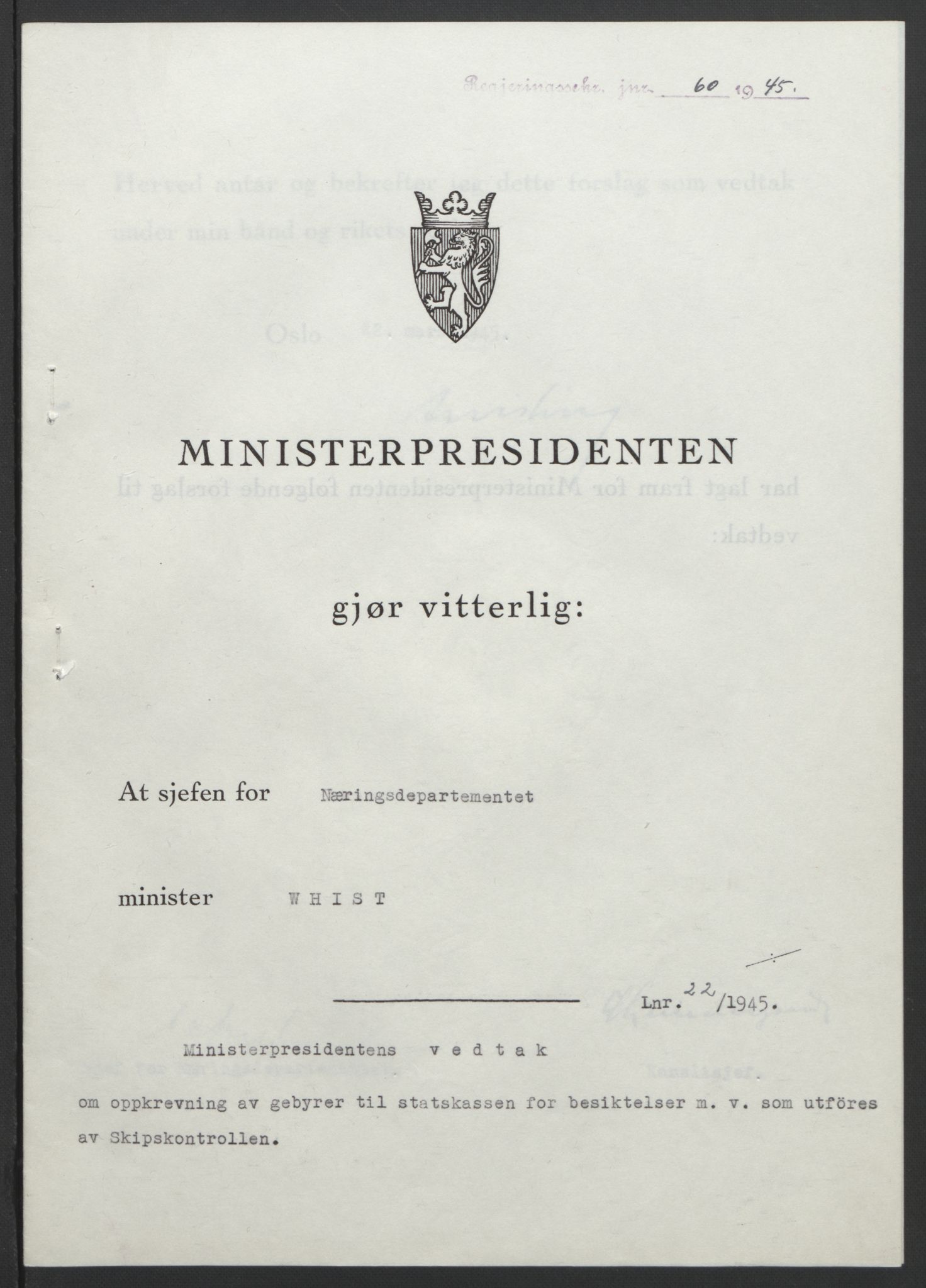 NS-administrasjonen 1940-1945 (Statsrådsekretariatet, de kommisariske statsråder mm), RA/S-4279/D/Db/L0101/0001: -- / Lover og vedtak, 1945, p. 220