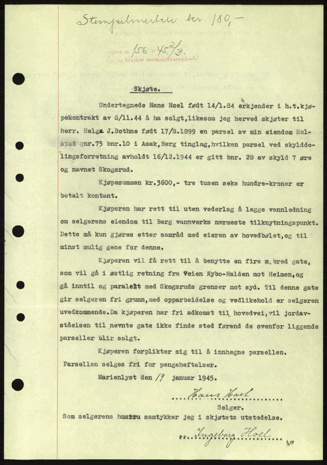 Idd og Marker sorenskriveri, AV/SAO-A-10283/G/Gb/Gbb/L0007: Mortgage book no. A7, 1944-1945, Diary no: : 156/1945