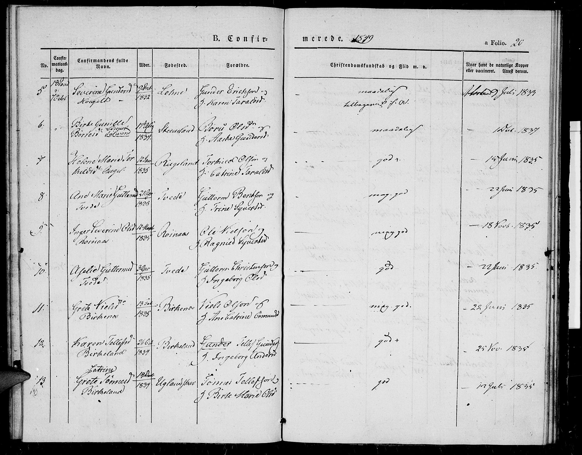 Birkenes sokneprestkontor, AV/SAK-1111-0004/F/Fa/L0002: Parish register (official) no. A 2, 1839-1849, p. 20