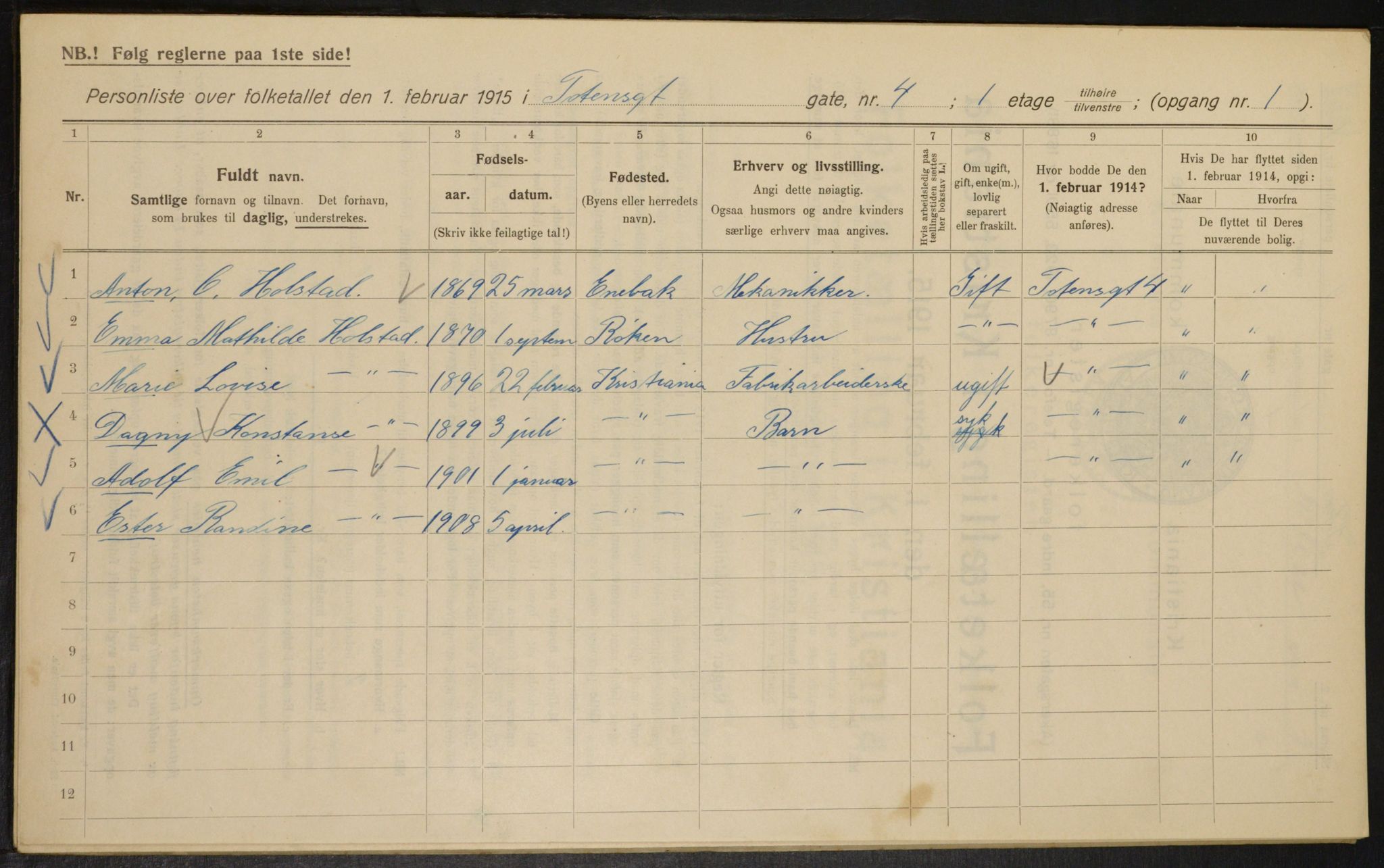 OBA, Municipal Census 1915 for Kristiania, 1915, p. 115665