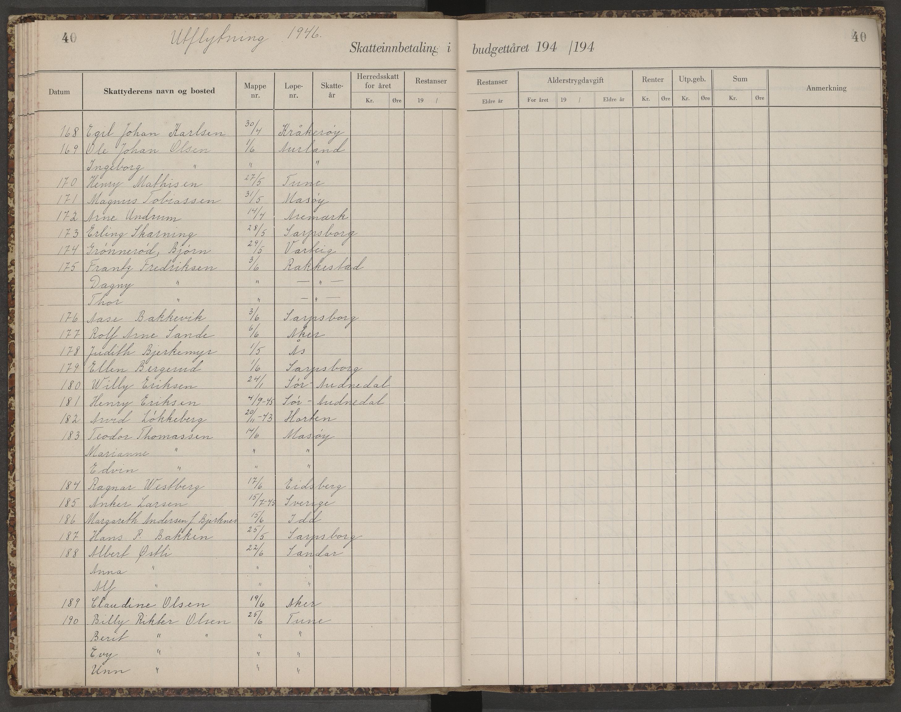 Skjeberg folkeregister, AV/SAO-A-10495/K/Ka/L0003: Fortegnelse over inn- og utflyttede, 1943-1947, p. 40