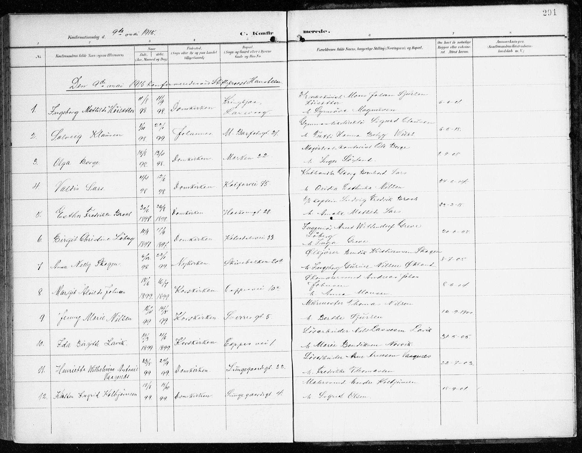 Domkirken sokneprestembete, SAB/A-74801/H/Haa/L0031: Parish register (official) no. C 6, 1898-1915, p. 291