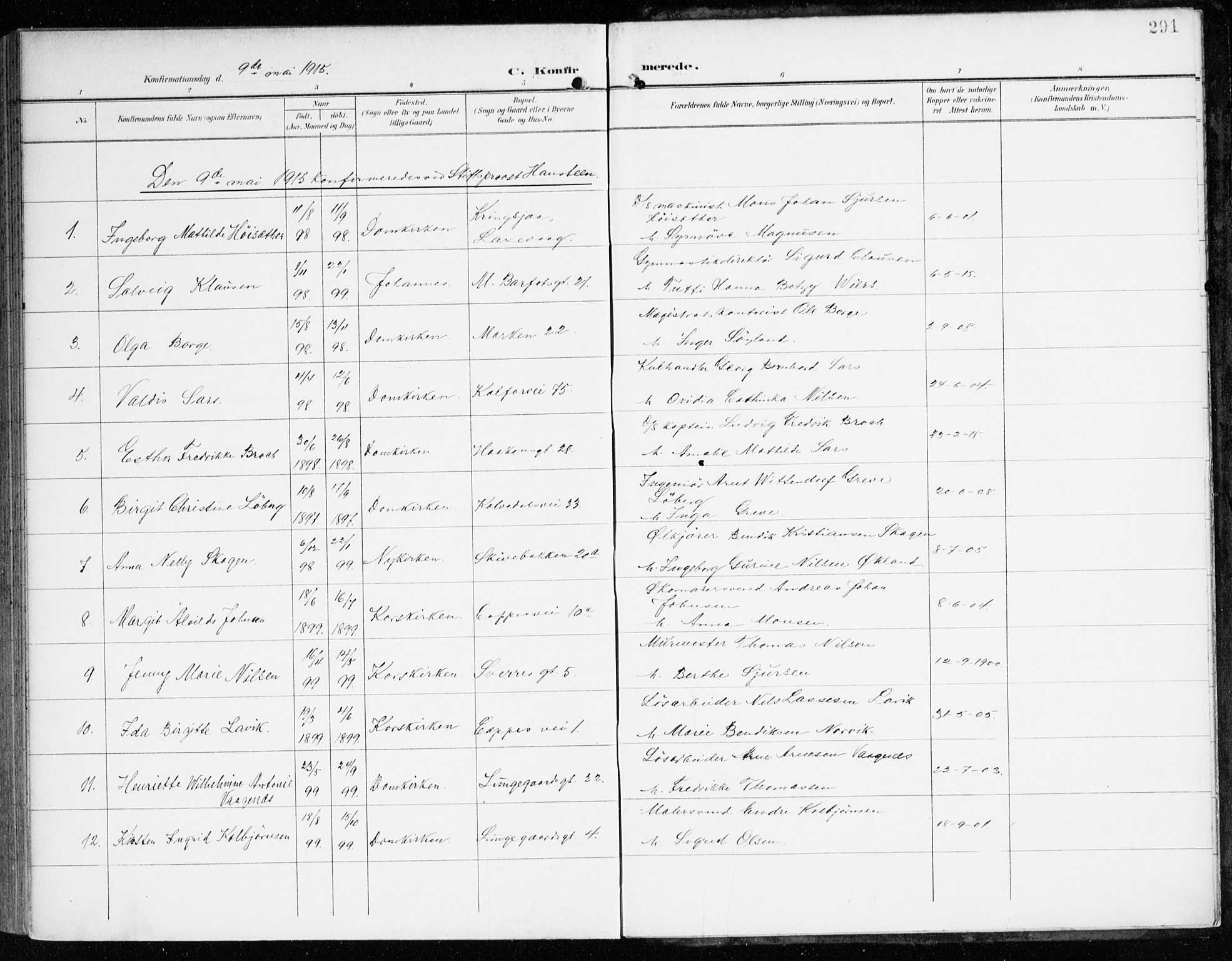 Domkirken sokneprestembete, AV/SAB-A-74801/H/Haa/L0031: Parish register (official) no. C 6, 1898-1915, p. 291