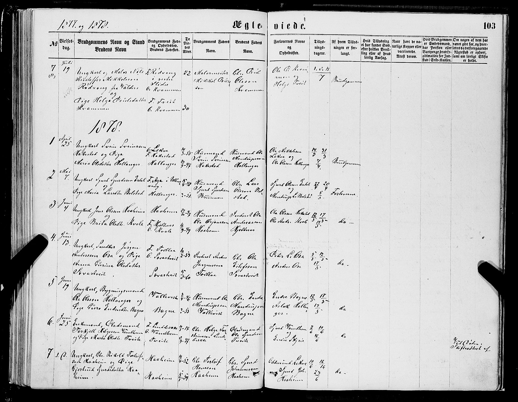 Ulvik sokneprestembete, SAB/A-78801/H/Hab: Parish register (copy) no. A 2, 1869-1882, p. 103