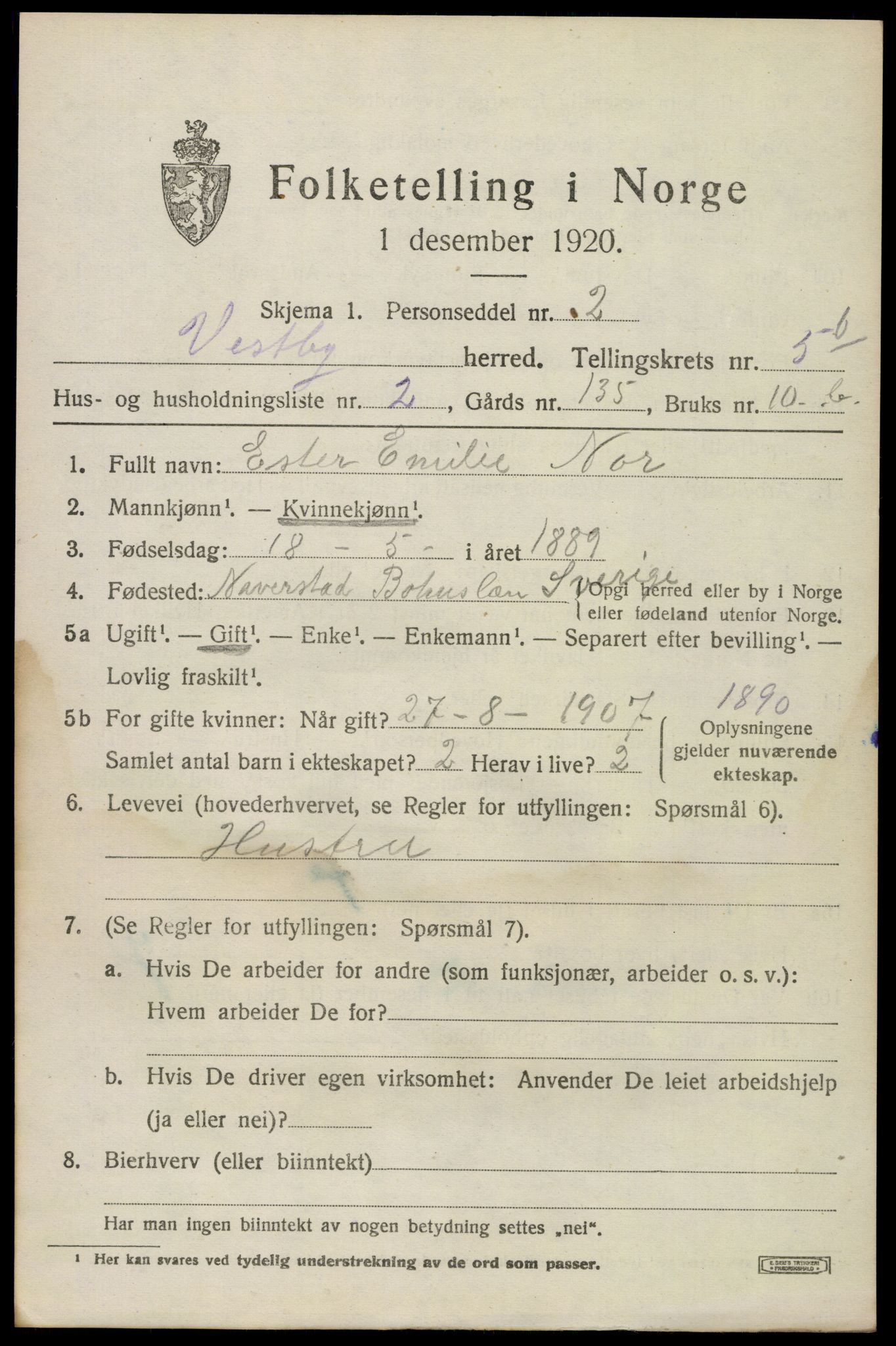 SAO, 1920 census for Vestby, 1920, p. 6371