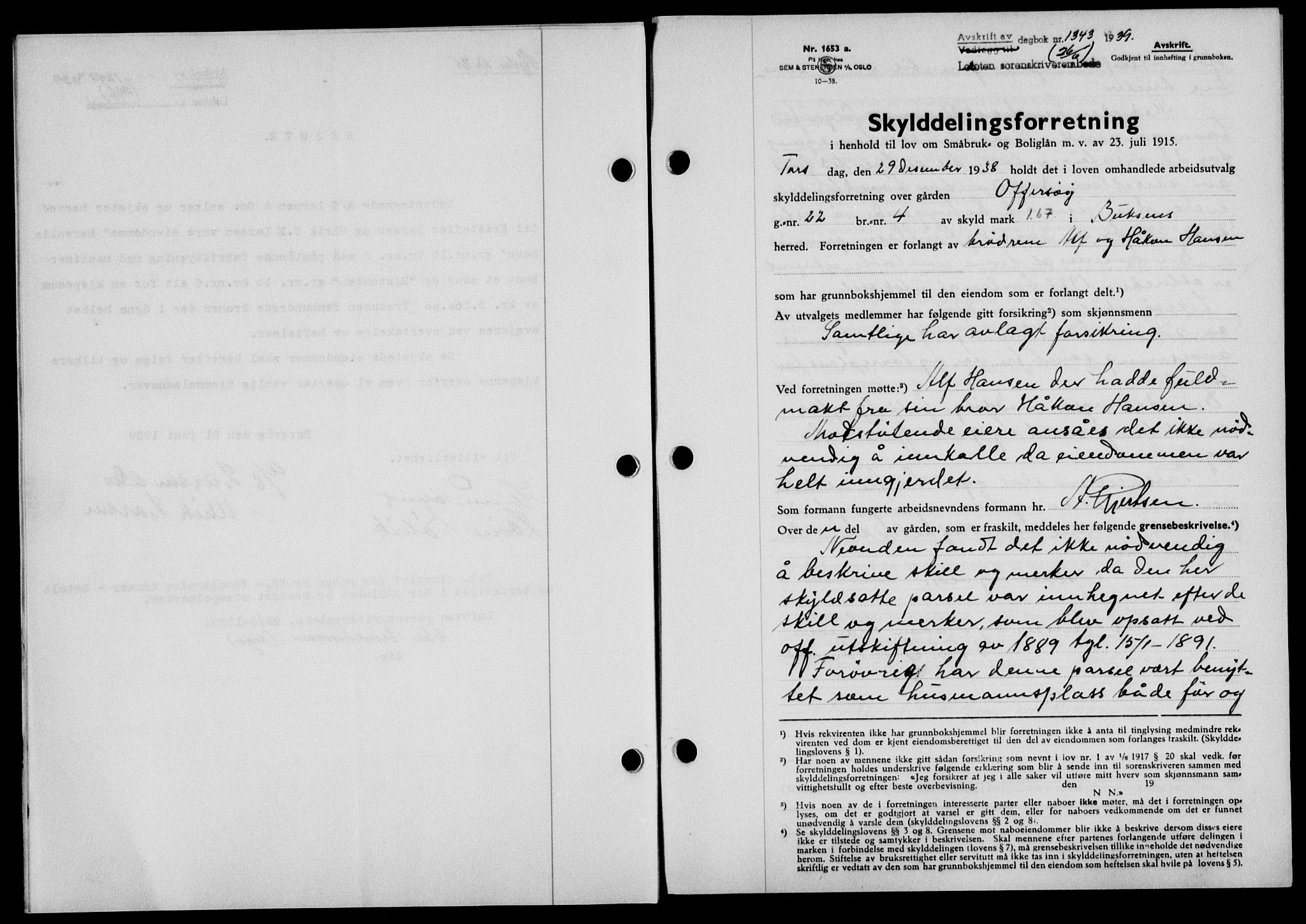Lofoten sorenskriveri, SAT/A-0017/1/2/2C/L0005a: Mortgage book no. 5a, 1939-1939, Diary no: : 1343/1939