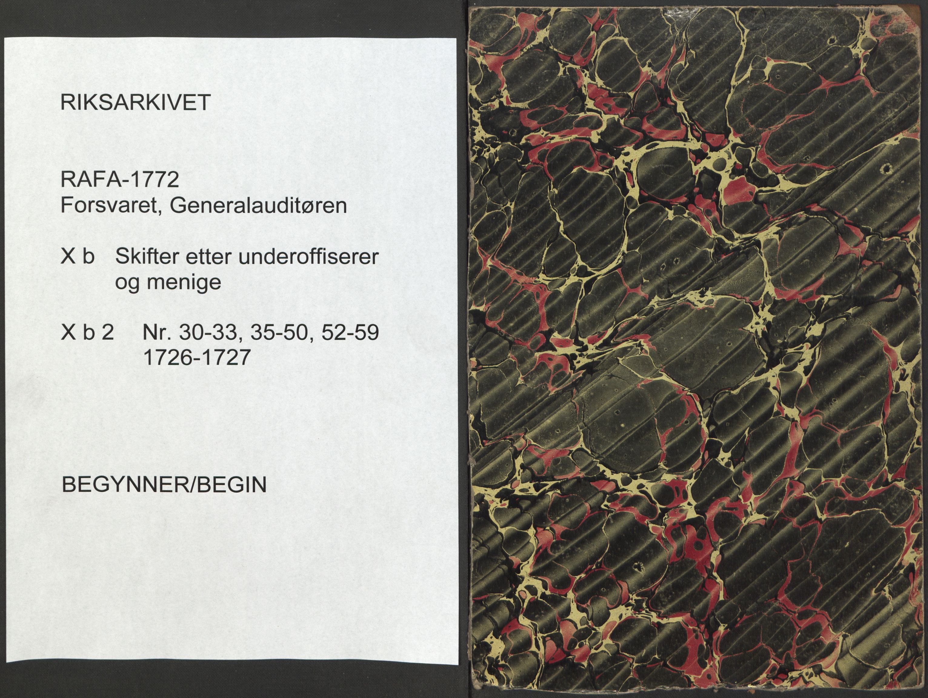 Forsvaret, Generalauditøren, AV/RA-RAFA-1772/F/Fj/Fjb/L0002: Skifter nr. 30 - 59 (1726, 1727), 1726-1727, p. 1