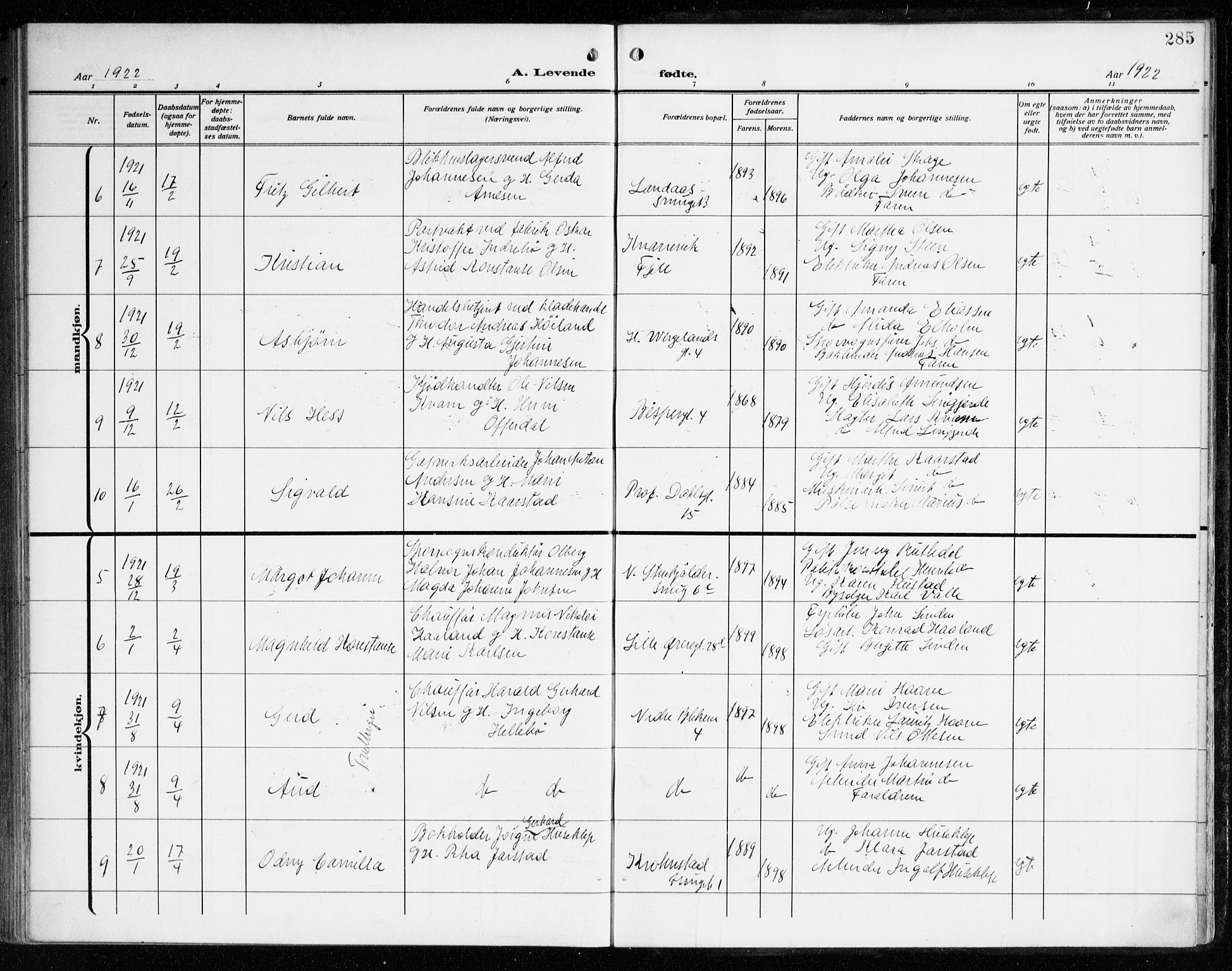 Korskirken sokneprestembete, AV/SAB-A-76101/H/Haa: Parish register (official) no. B 10, 1909-1923, p. 285