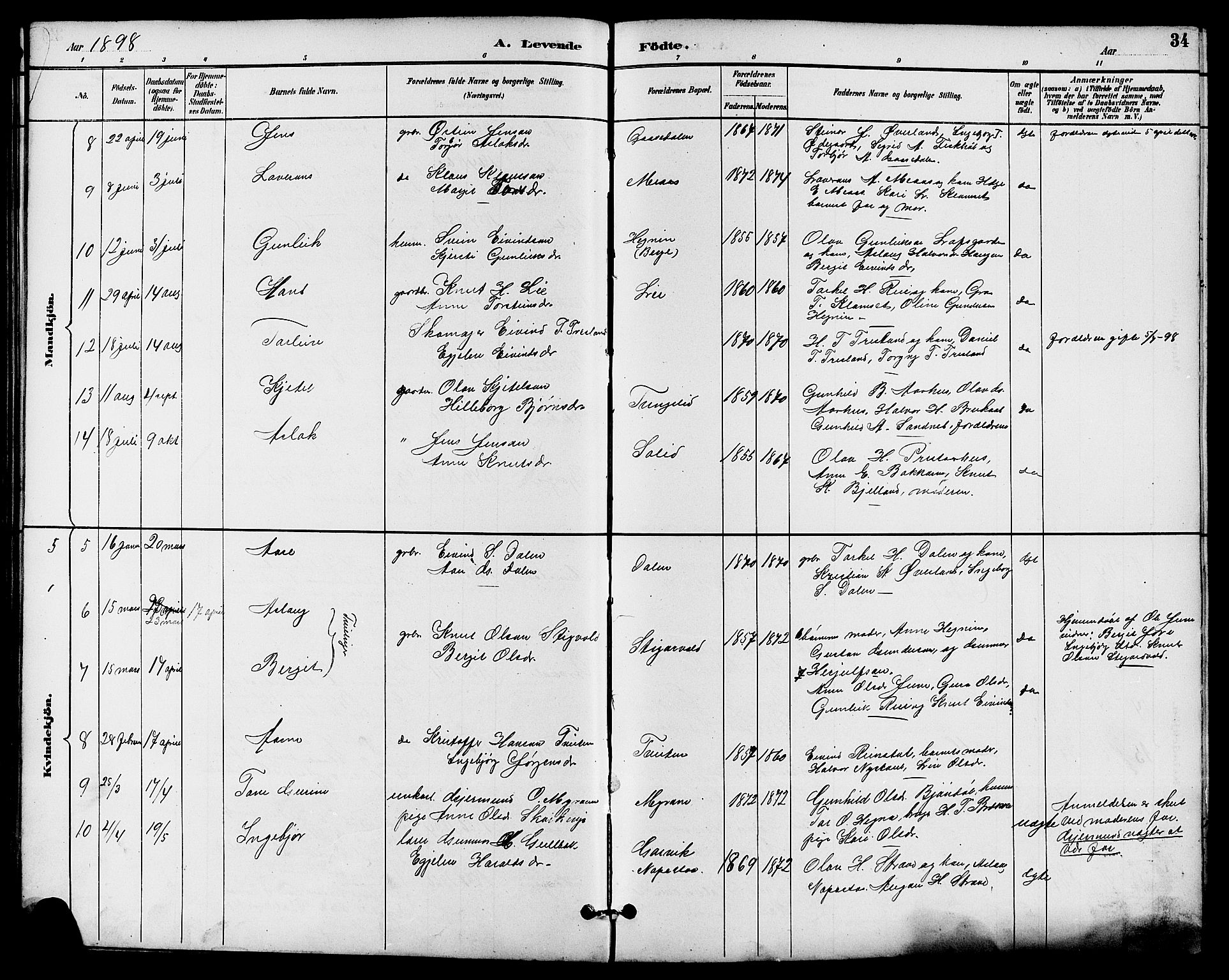 Seljord kirkebøker, AV/SAKO-A-20/G/Ga/L0005: Parish register (copy) no. I 5, 1887-1914, p. 34