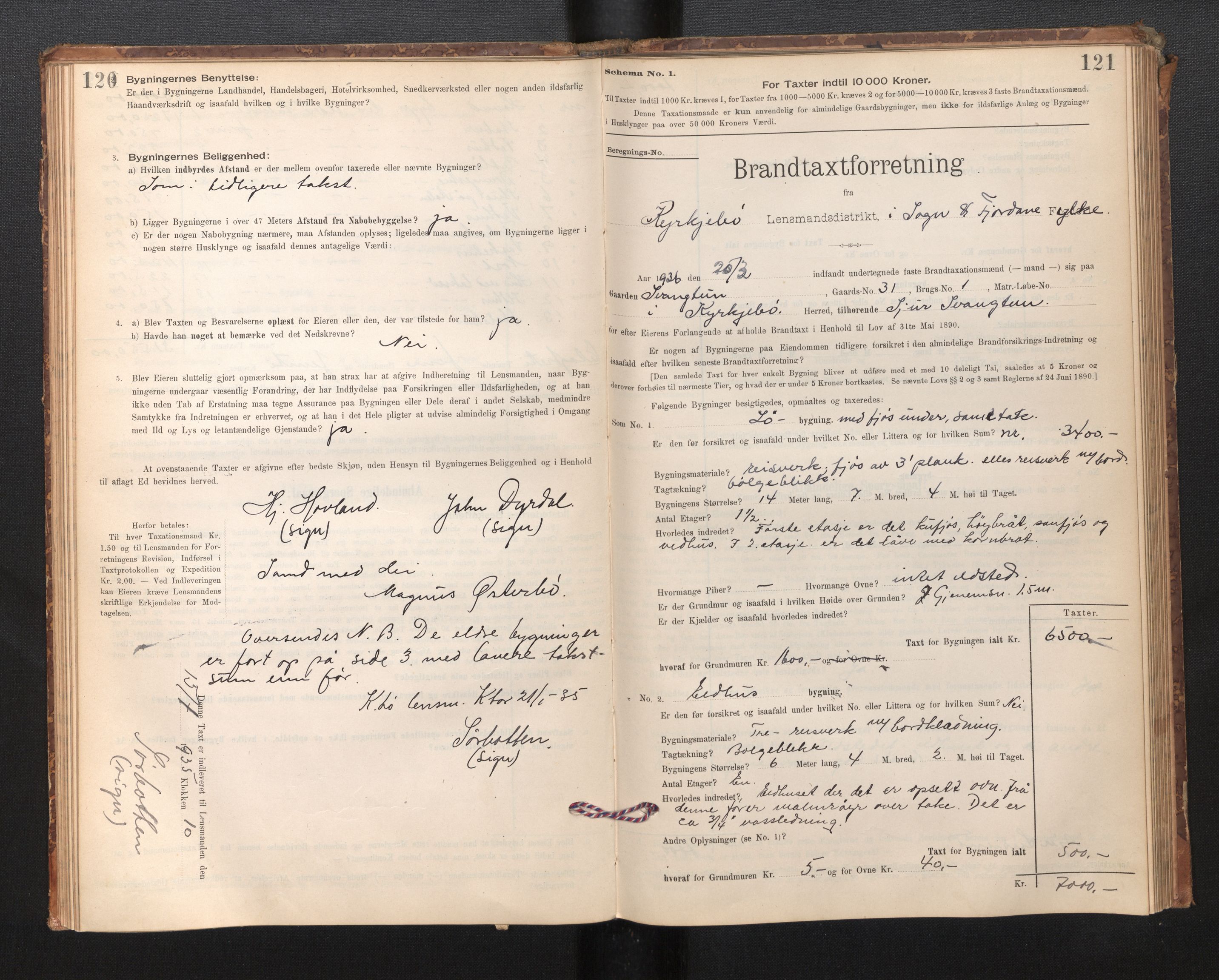 Lensmannen i Kyrkjebø, SAB/A-29001/0012/L0006: Branntakstprotokoll, skjematakst, 1900-1939, p. 120-121
