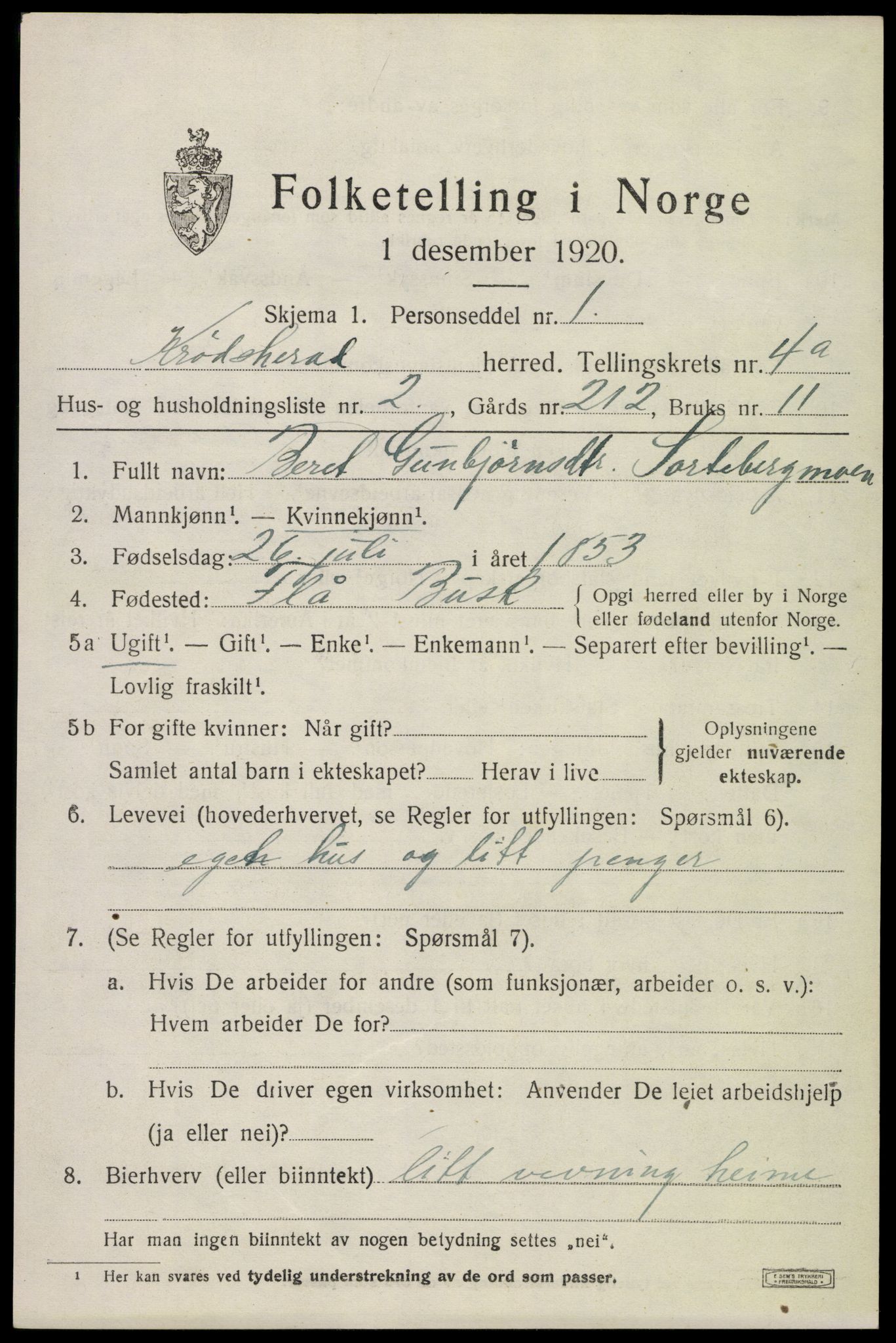 SAKO, 1920 census for Krødsherad, 1920, p. 4567