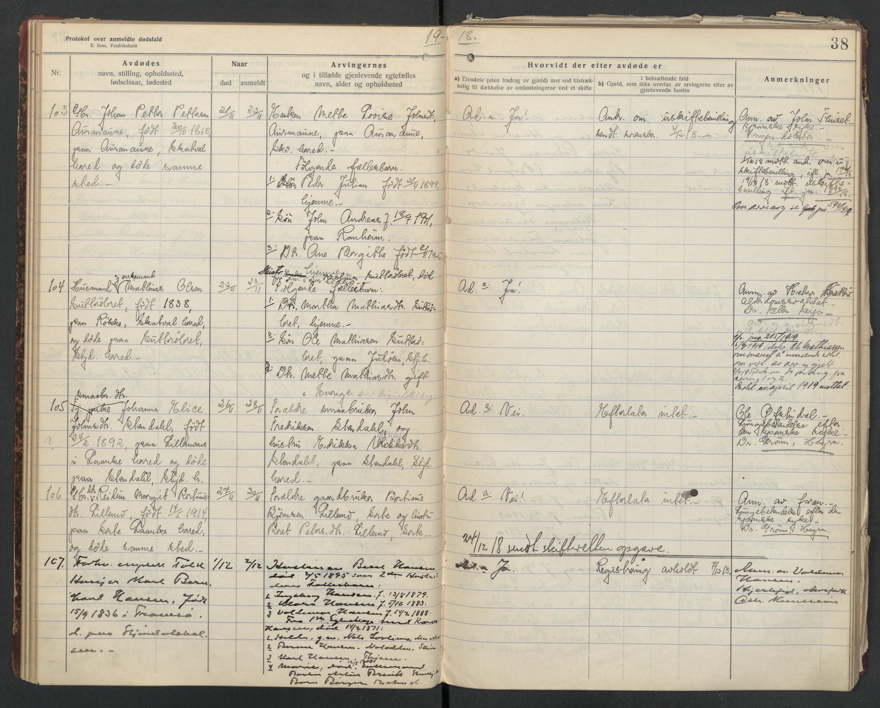 Nedre Stjørdal lensmannskontor, AV/SAT-A-1044/02/L0004: 2.01.04 Dødsfallsprotokoller, 1917-1921, p. 38