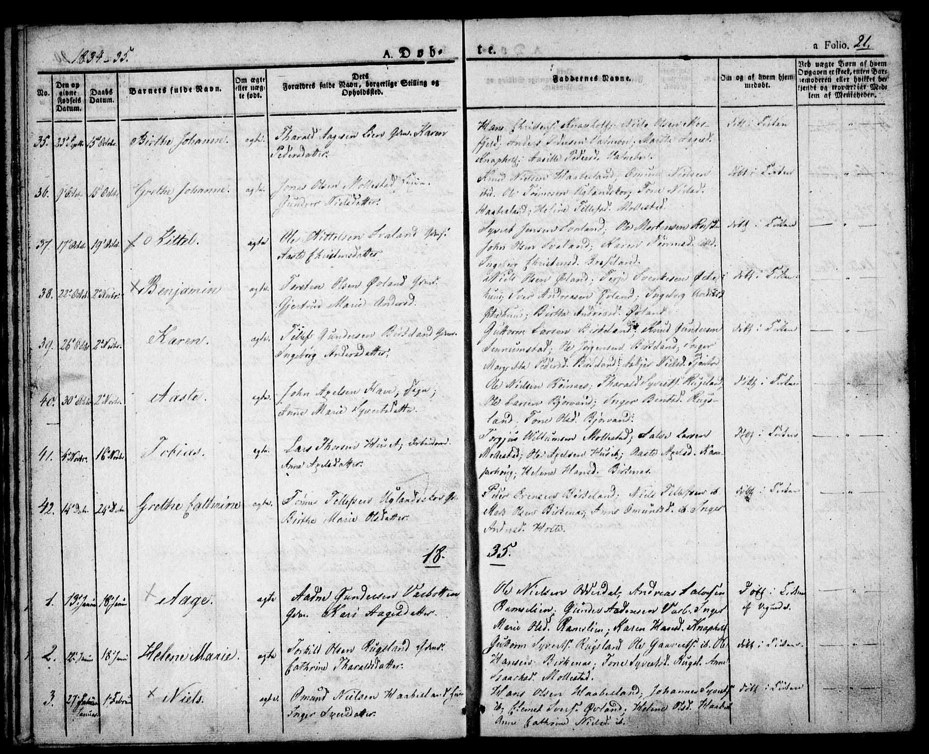 Birkenes sokneprestkontor, AV/SAK-1111-0004/F/Fa/L0001: Parish register (official) no. A 1, 1829-1849, p. 21