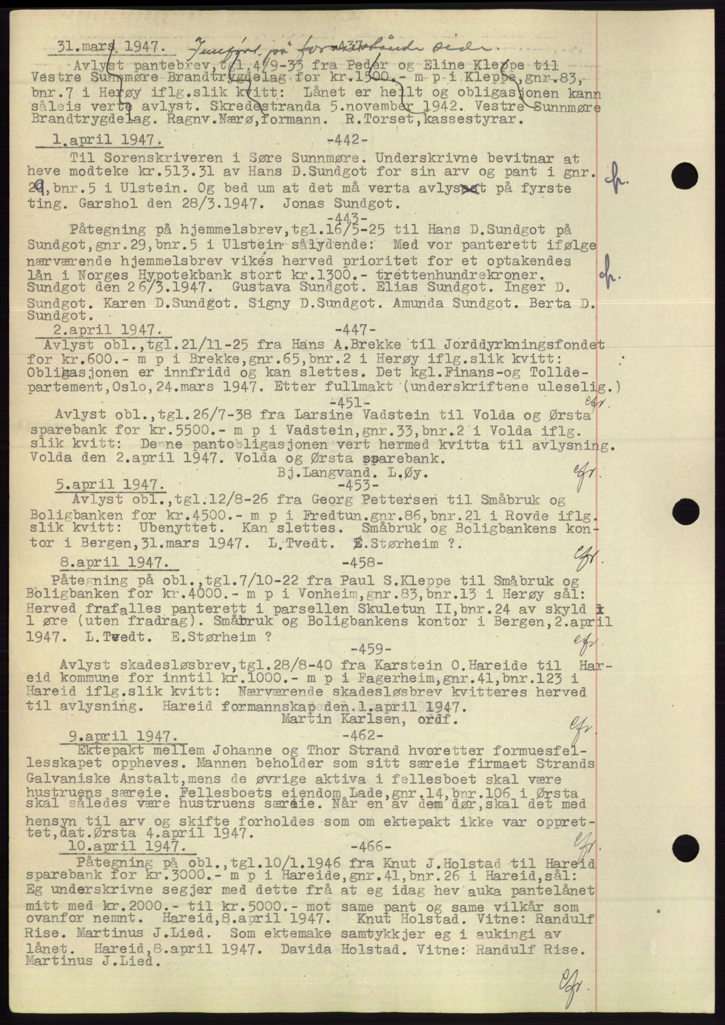 Søre Sunnmøre sorenskriveri, AV/SAT-A-4122/1/2/2C/L0072: Mortgage book no. 66, 1941-1955, Diary no: : 442/1947