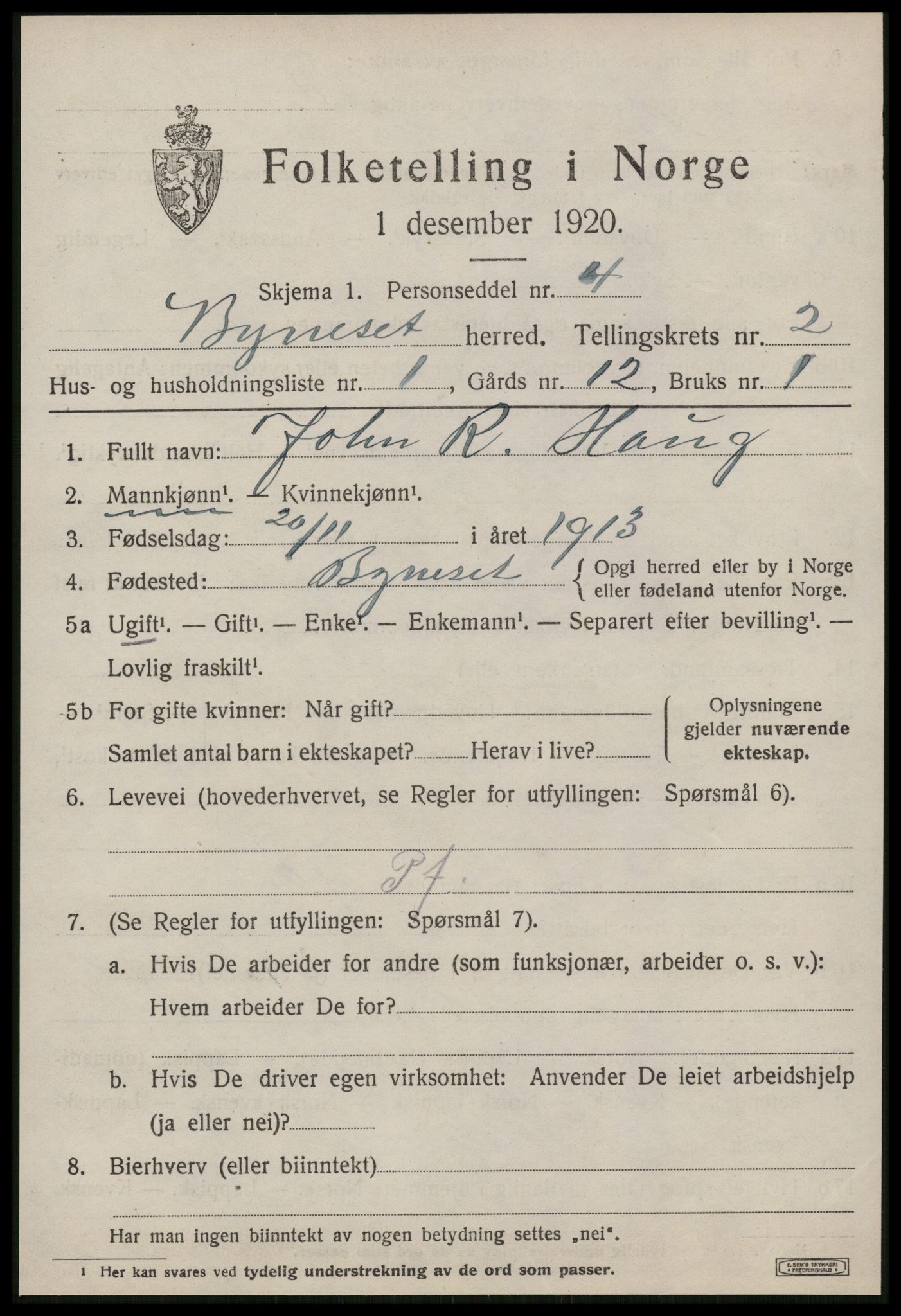 SAT, 1920 census for Byneset, 1920, p. 1234