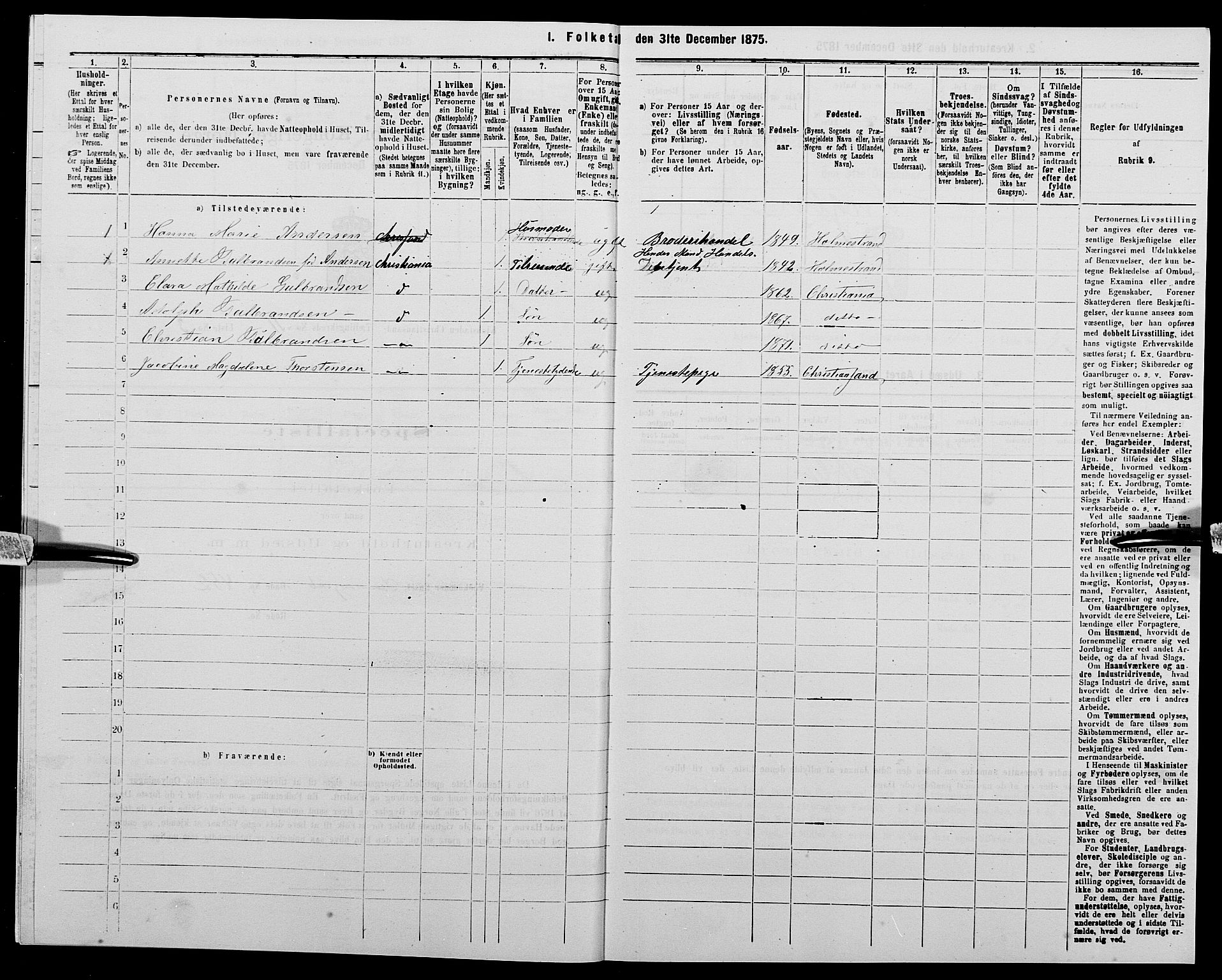 SAK, 1875 census for 1001P Kristiansand, 1875, p. 1825