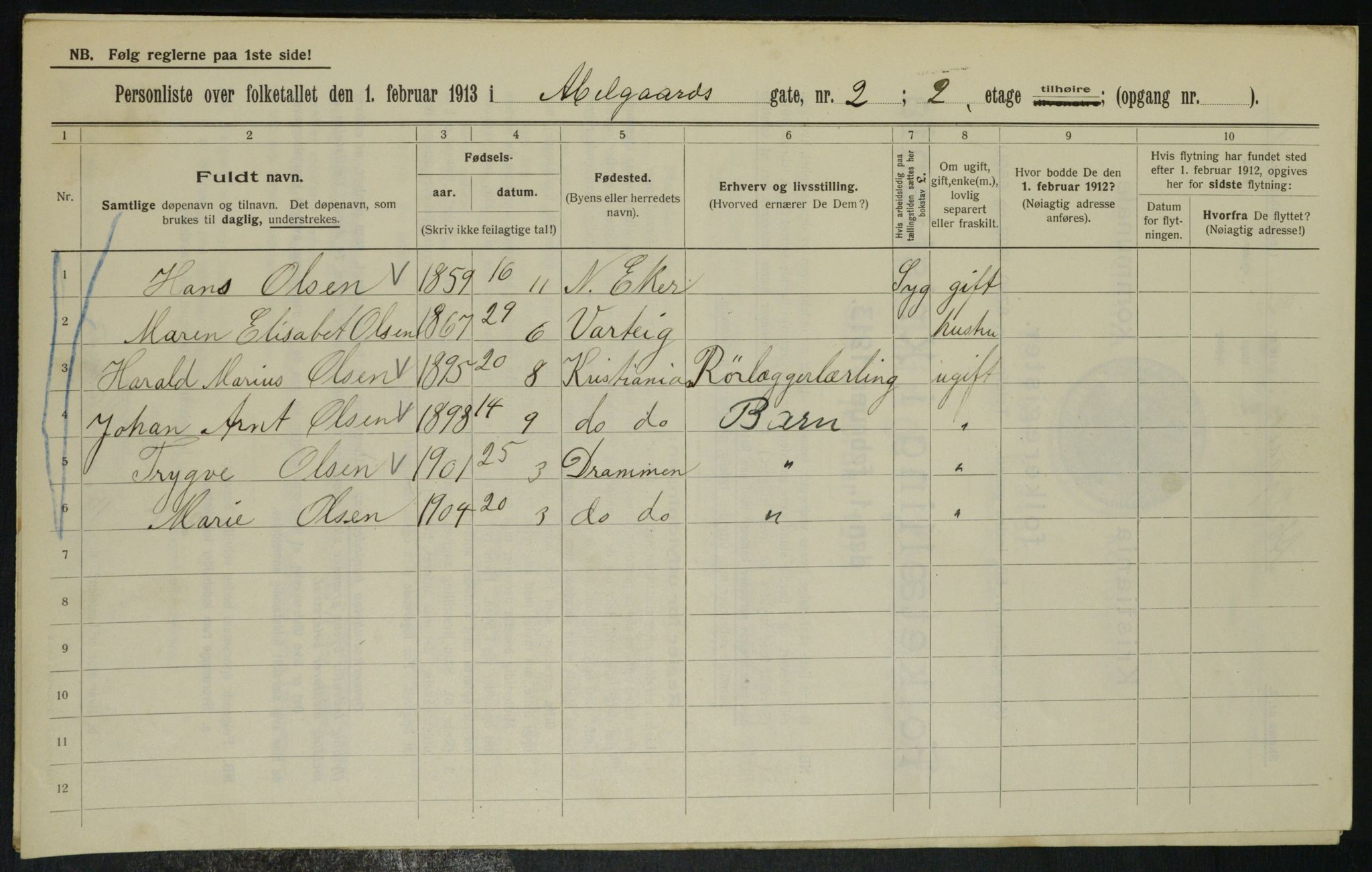 OBA, Municipal Census 1913 for Kristiania, 1913, p. 10