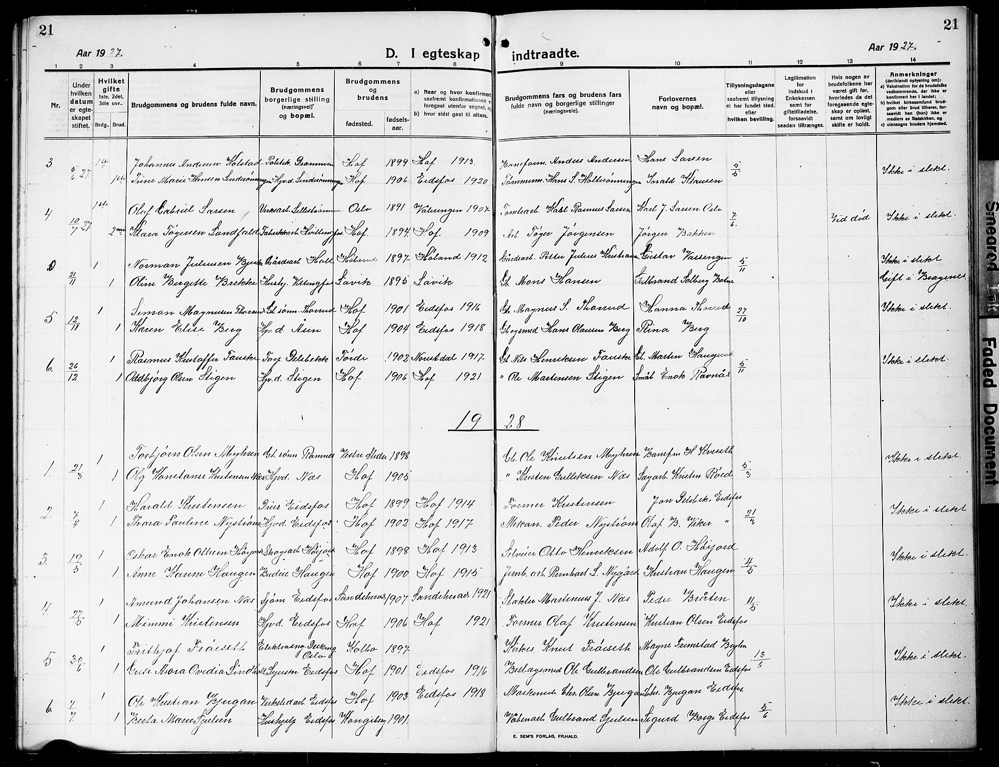 Hof kirkebøker, AV/SAKO-A-64/G/Ga/L0007: Parish register (copy) no. I 7, 1911-1930, p. 21