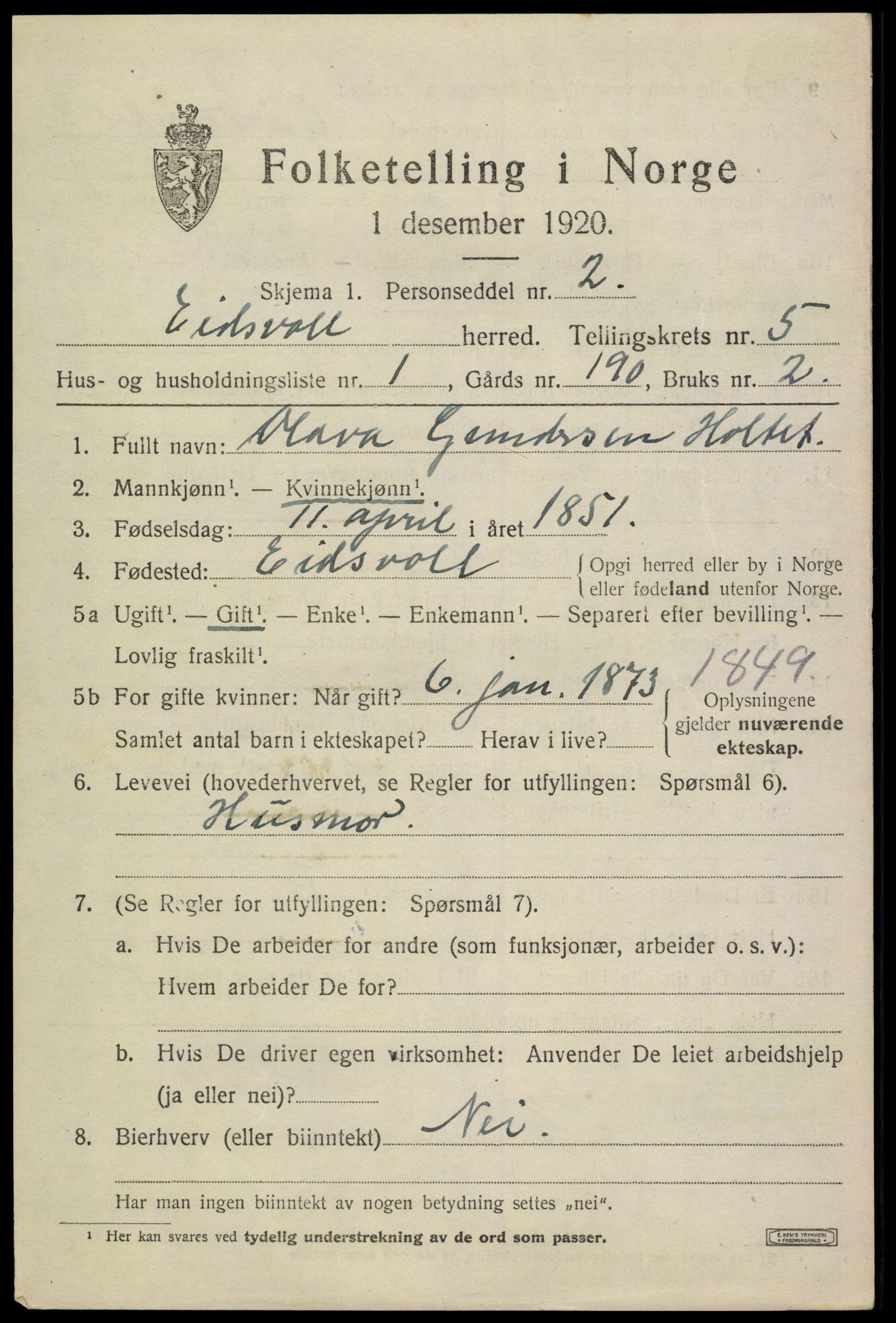 SAO, 1920 census for Eidsvoll, 1920, p. 10055