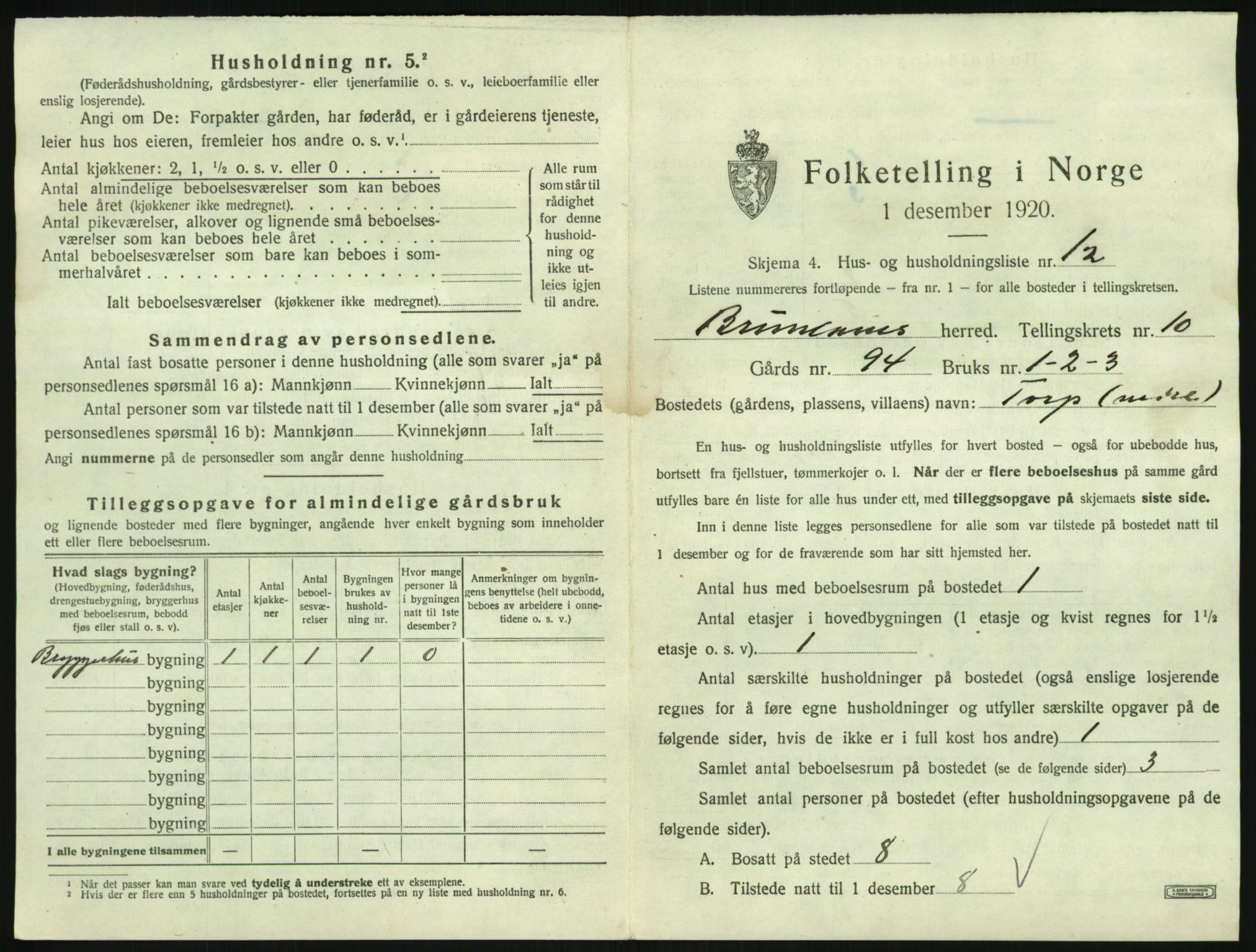 SAKO, 1920 census for Brunlanes, 1920, p. 1269