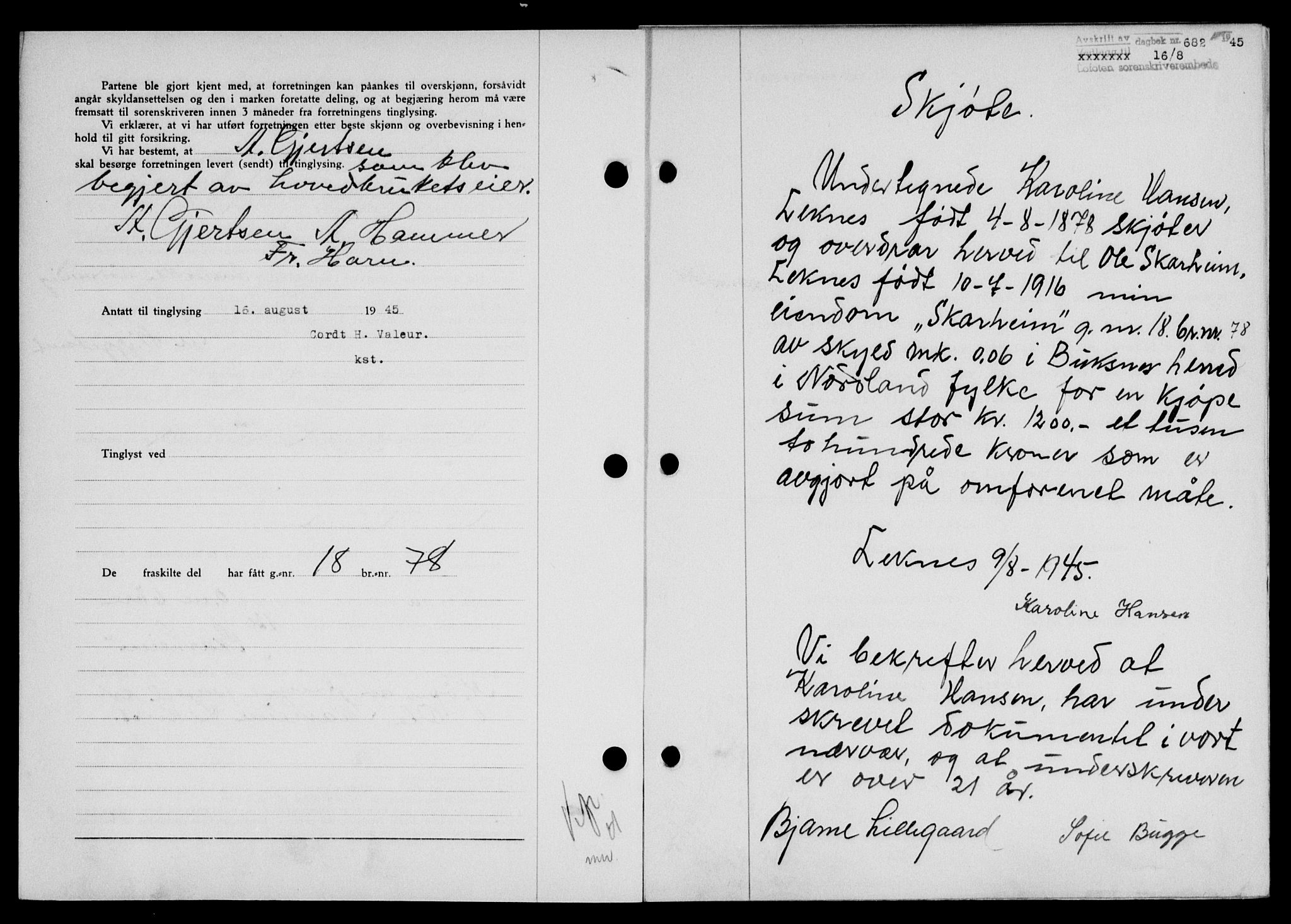 Lofoten sorenskriveri, SAT/A-0017/1/2/2C/L0013a: Mortgage book no. 13a, 1944-1946, Diary no: : 682/1945