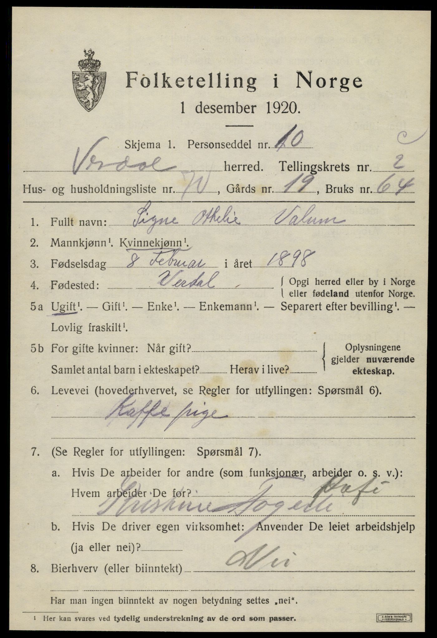 SAT, 1920 census for Verdal, 1920, p. 6391