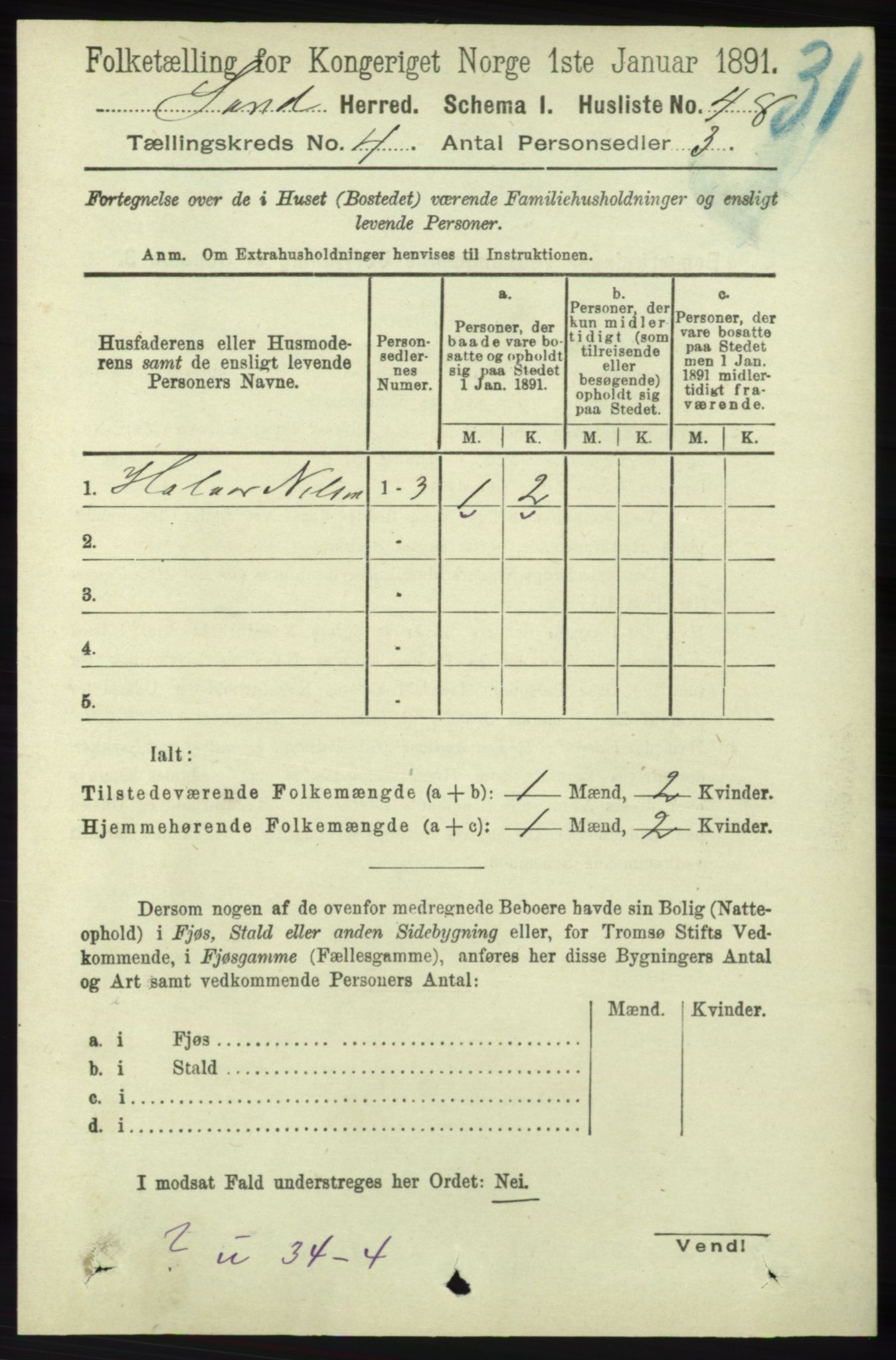 RA, 1891 census for 1136 Sand, 1891, p. 1201