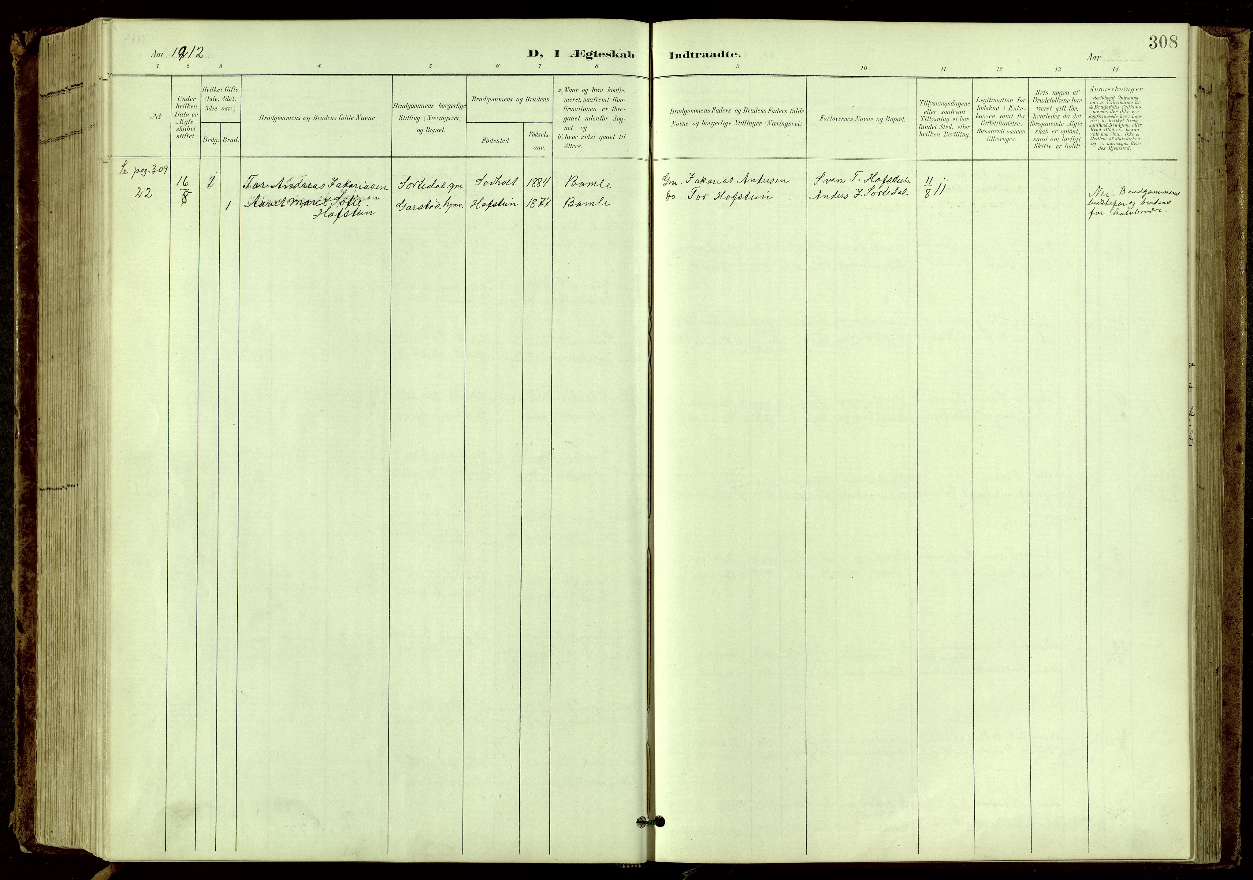 Bamble kirkebøker, SAKO/A-253/G/Ga/L0010: Parish register (copy) no. I 10, 1901-1919, p. 308