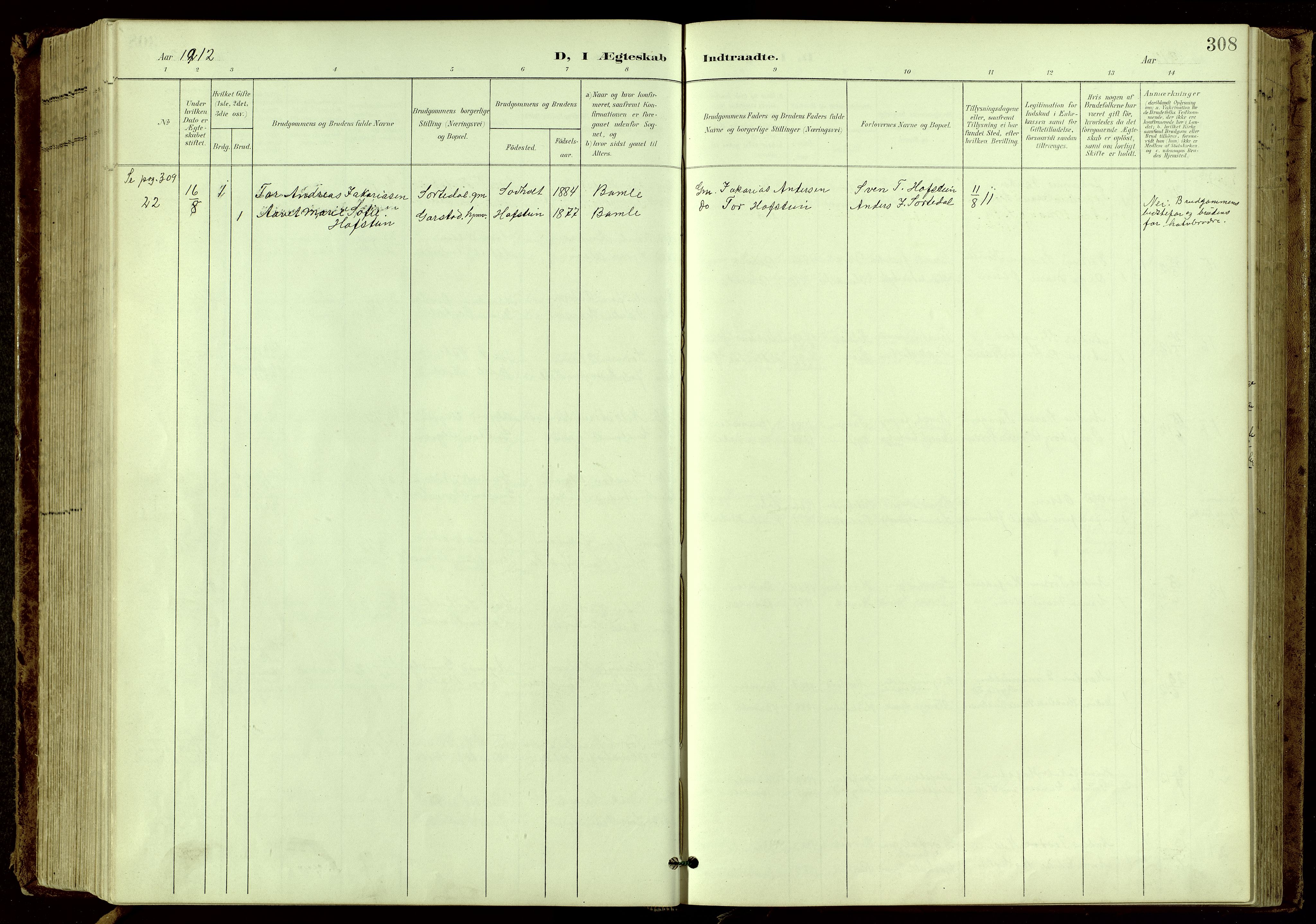 Bamble kirkebøker, AV/SAKO-A-253/G/Ga/L0010: Parish register (copy) no. I 10, 1901-1919, p. 308