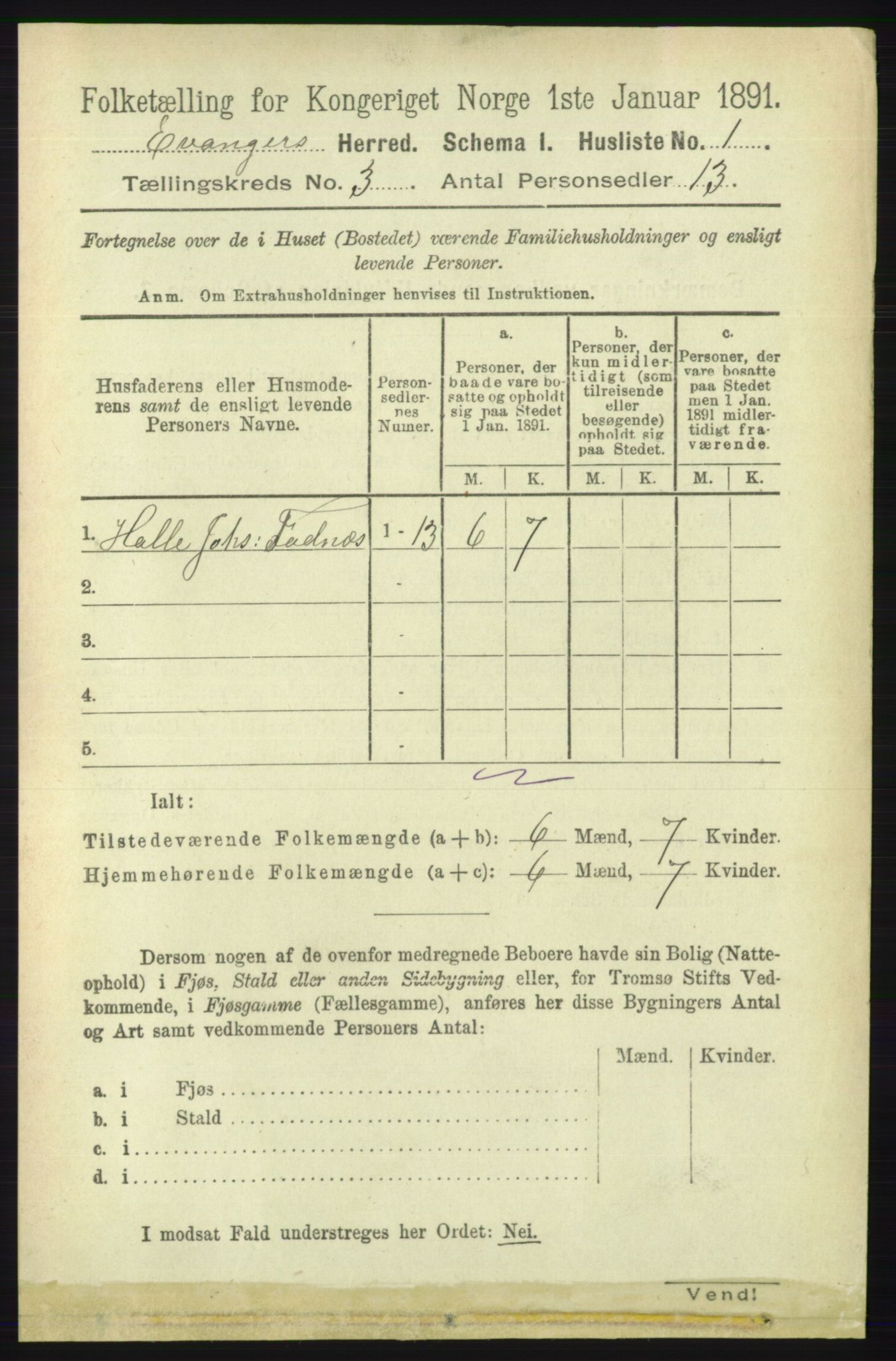 RA, 1891 census for 1237 Evanger, 1891, p. 809