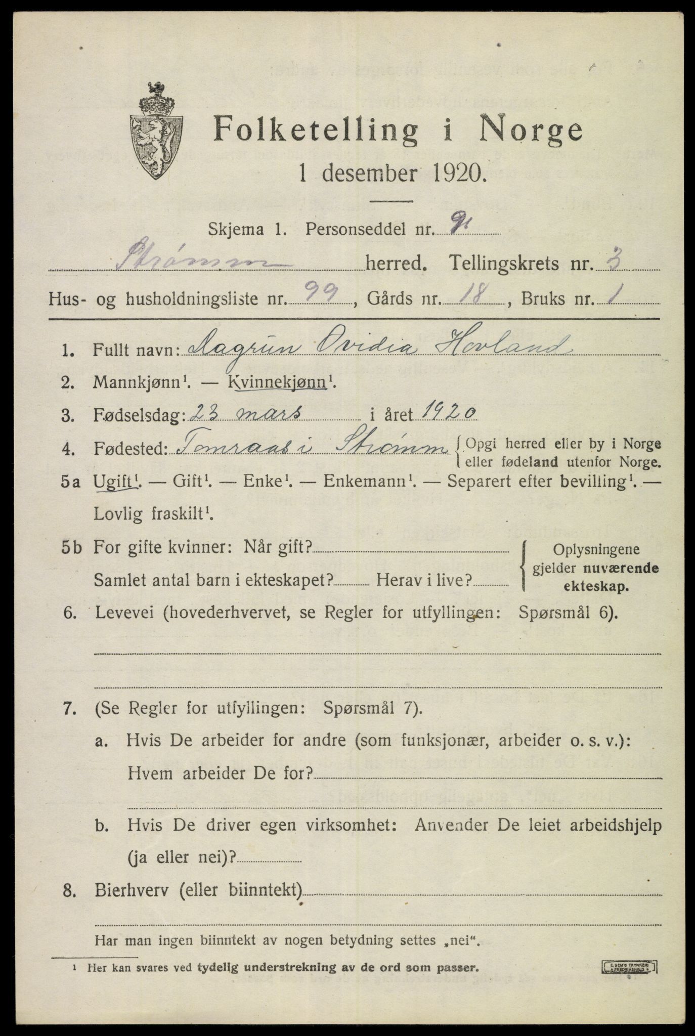 SAKO, 1920 census for Strømm, 1920, p. 3139