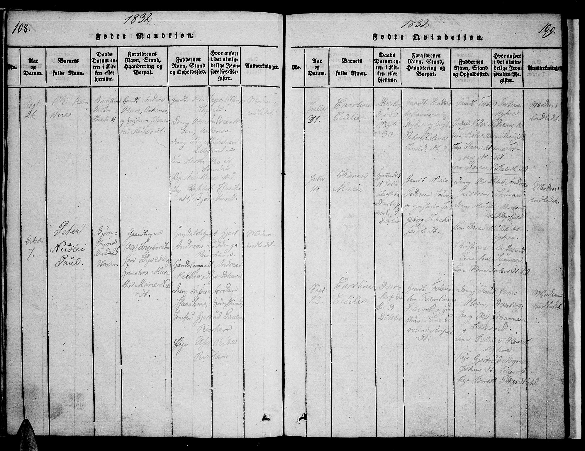 Ministerialprotokoller, klokkerbøker og fødselsregistre - Nordland, AV/SAT-A-1459/897/L1395: Parish register (official) no. 897A03, 1820-1841, p. 108-109